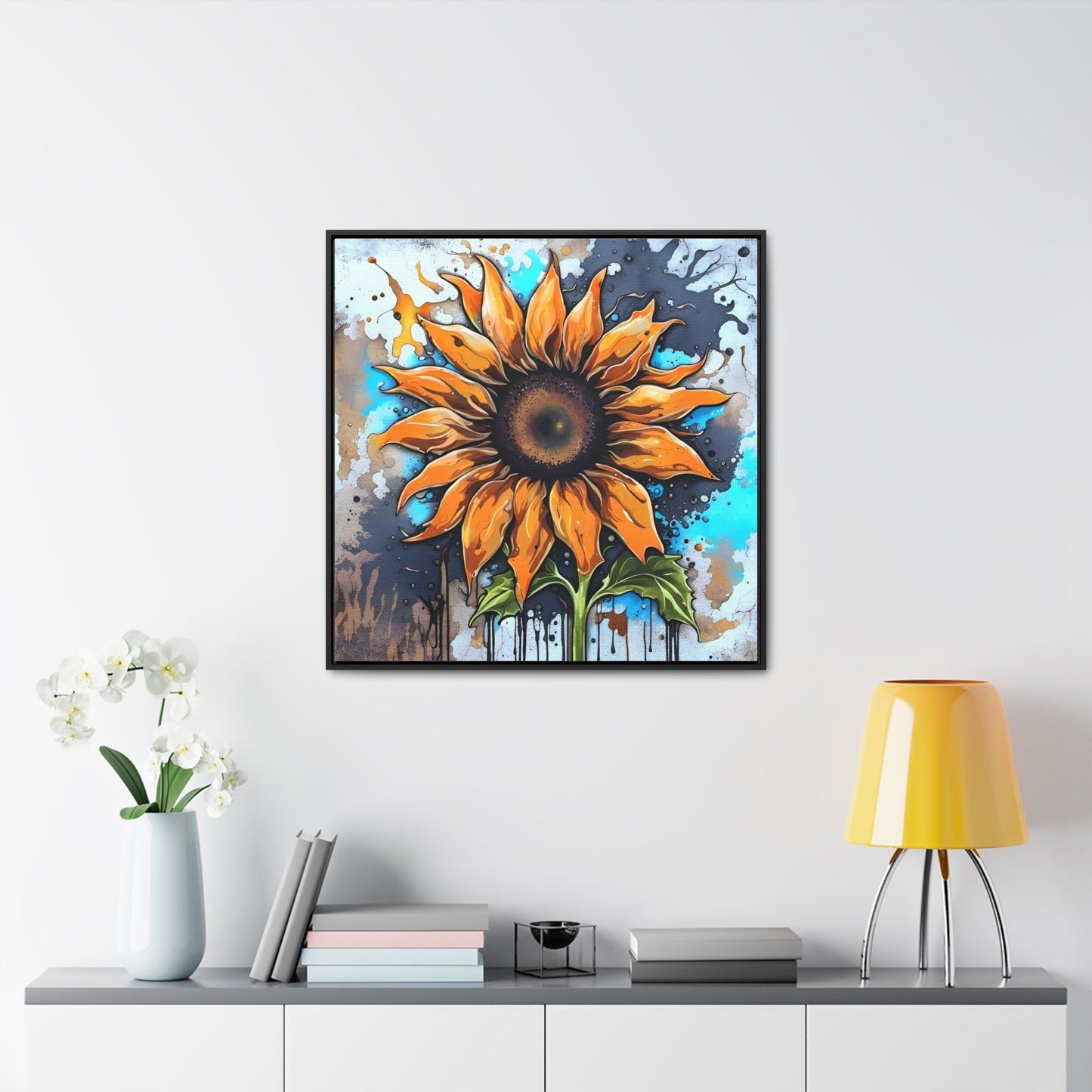 Floral Themed Wall Art - Street Style Sunflower Printed on Canvas in a Floating Frame