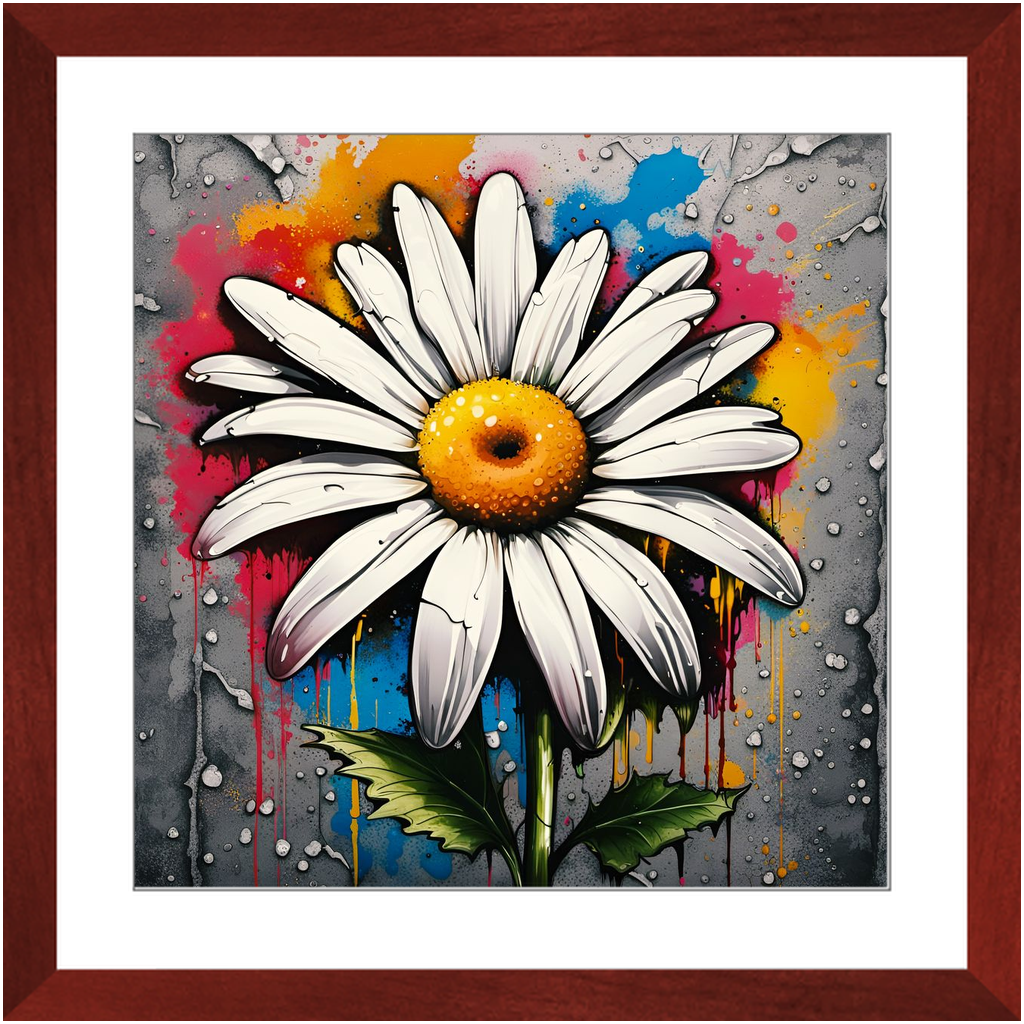 Street Art Style Daisy Print on Archival Paper in Cherry Color Wood Frame 20x20