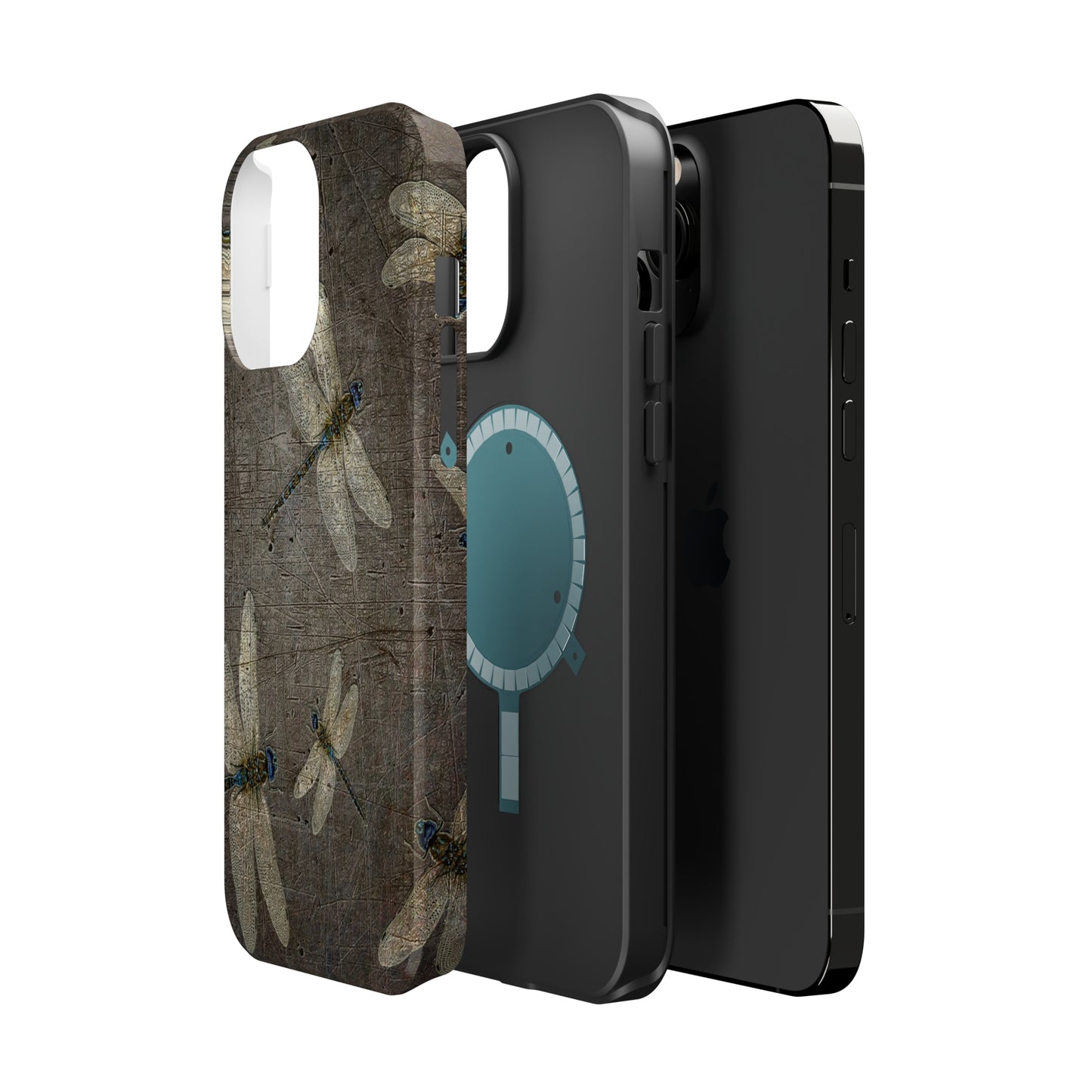 Dragonfly Themed Mag Safe Tough Cases for iPhones 13 and 14 - Flight of Dragonflies on Stone Background Print