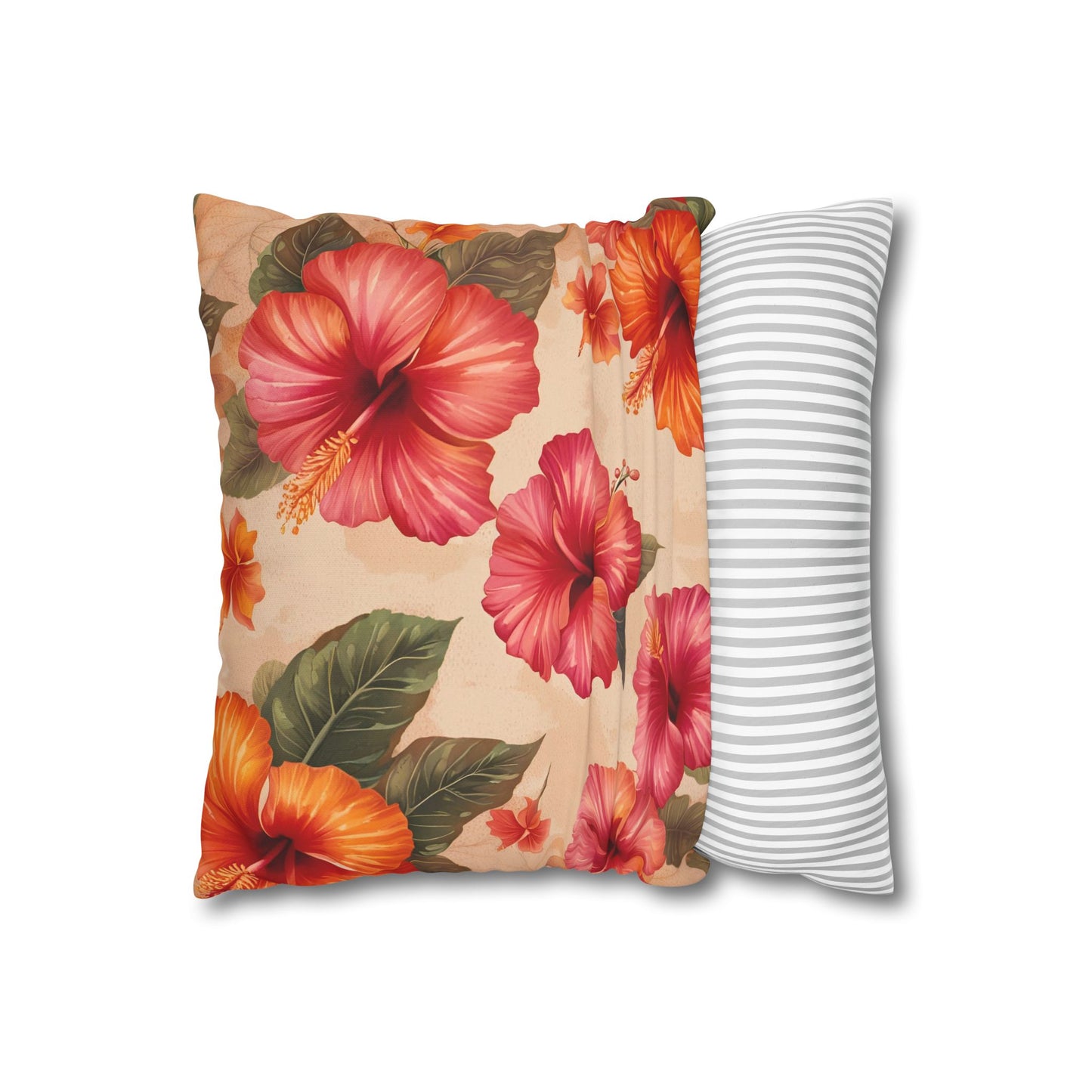 Hibiscus Flowers Pillow Cover, Pink and Orange Hibiscus Flowers Print Replacement Cover