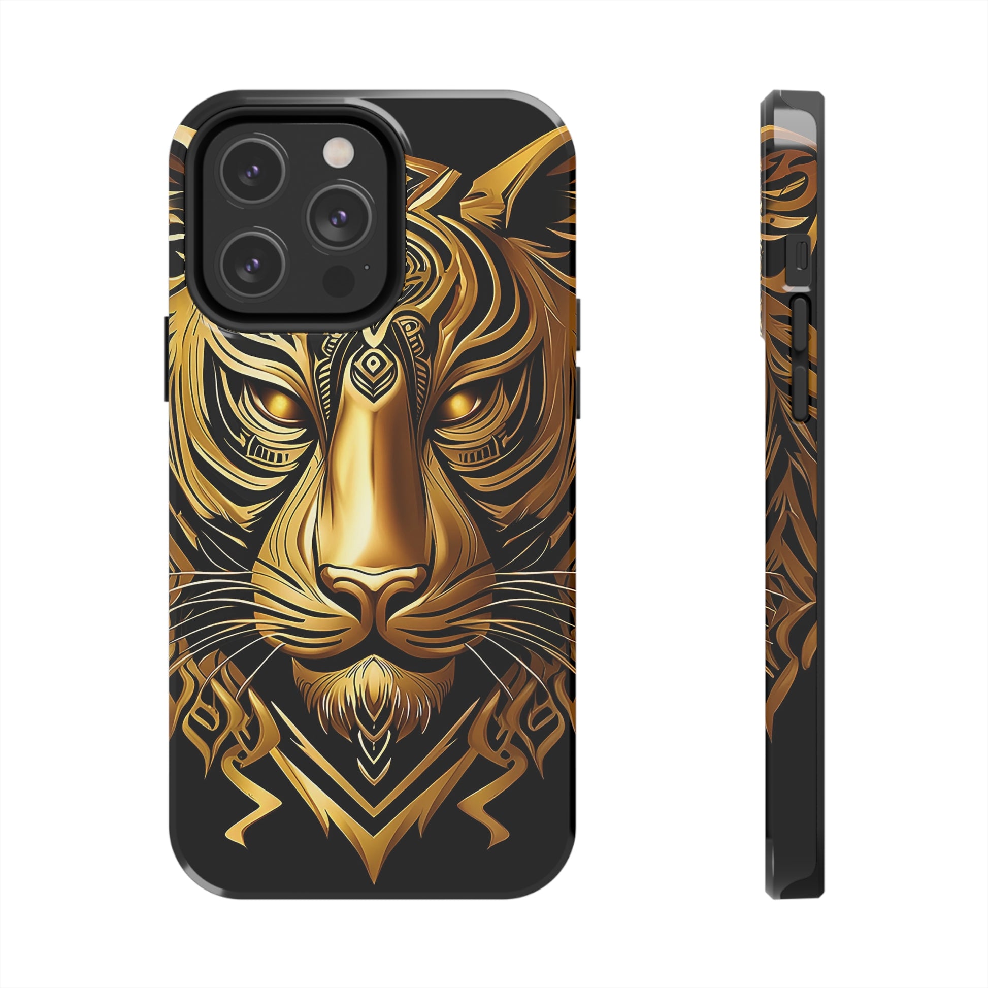 Big Cat Themed iPhone 14 Tough Case - Gold Tribal Tiger Head Printed on Phone Case for iPhone 14 Pro Max