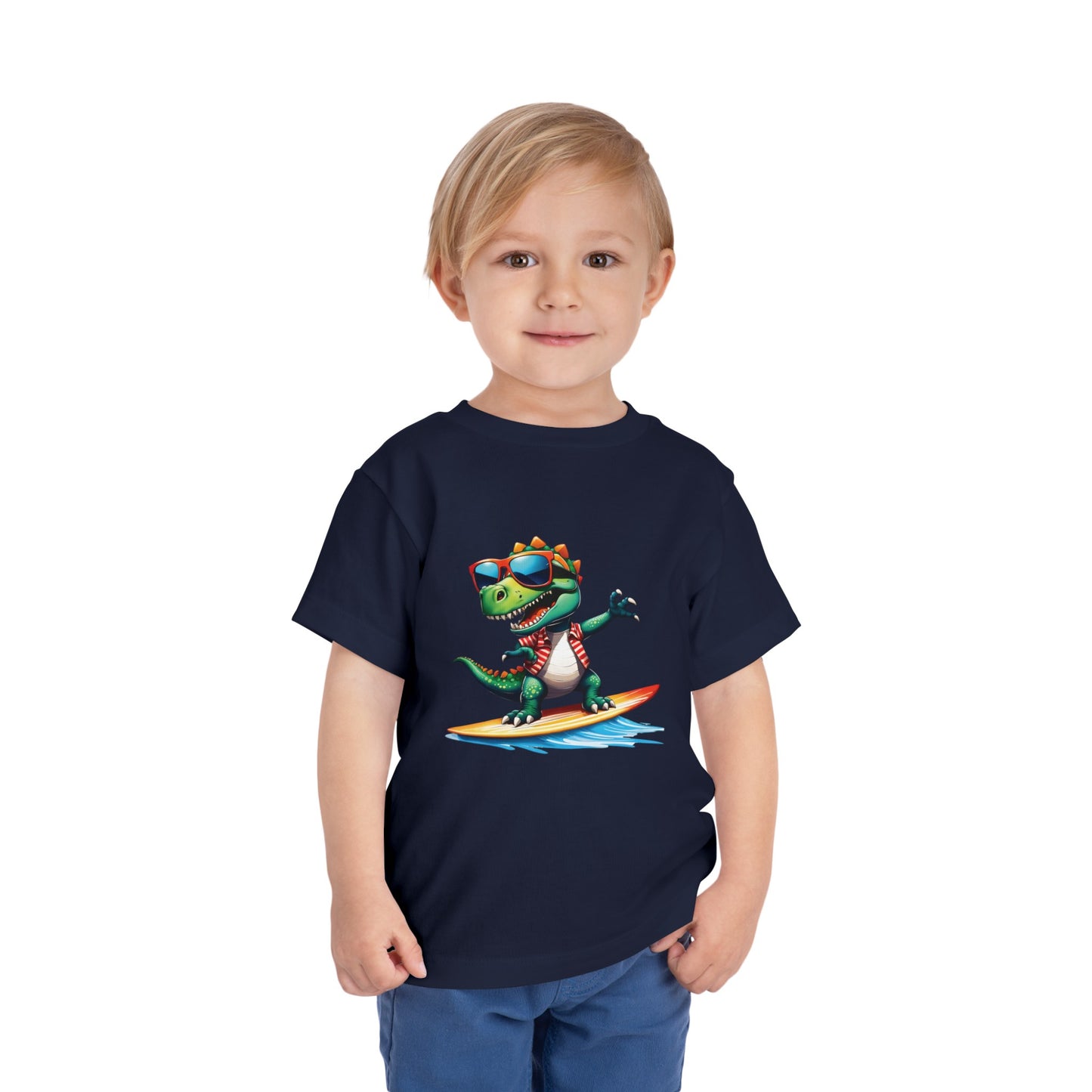 Toni the Dino Wave Catcher Toddler Short Sleeve Tee Navy Blue on Boy