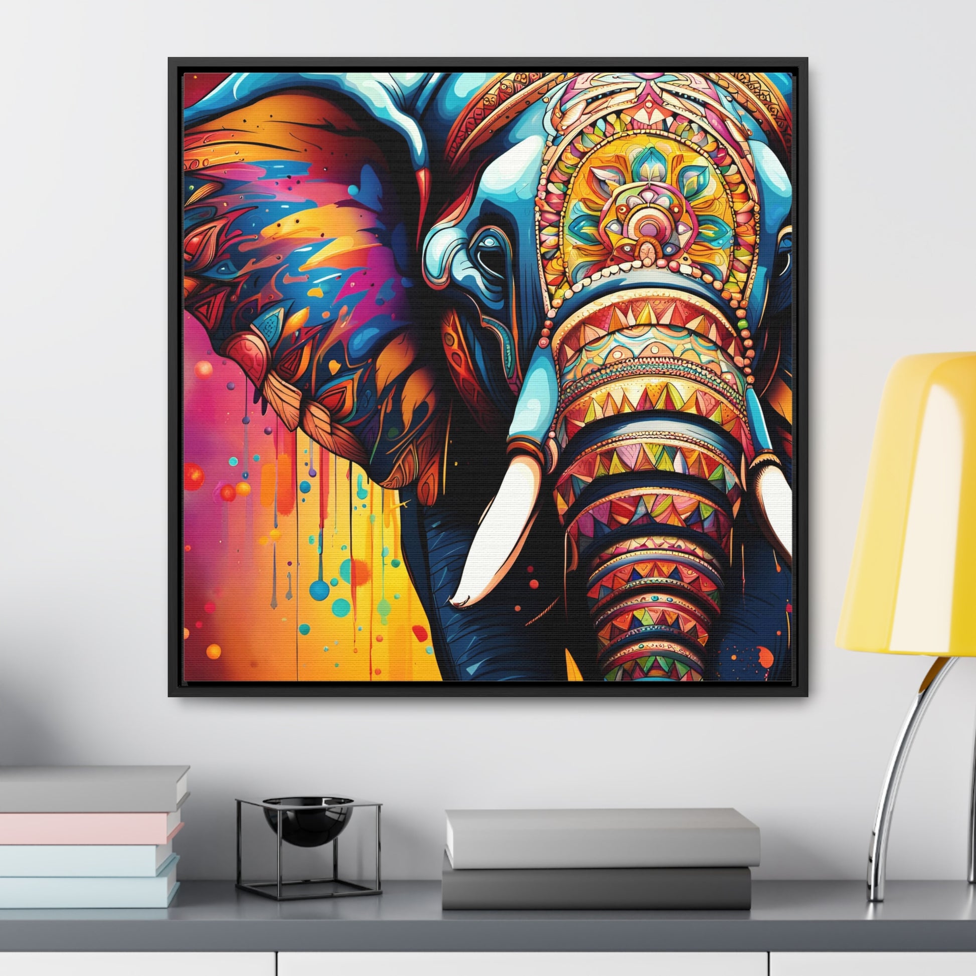 Stunning Multicolor Elephant Head Print on Canvas in a Floating Frame 24x24 hung on light wall