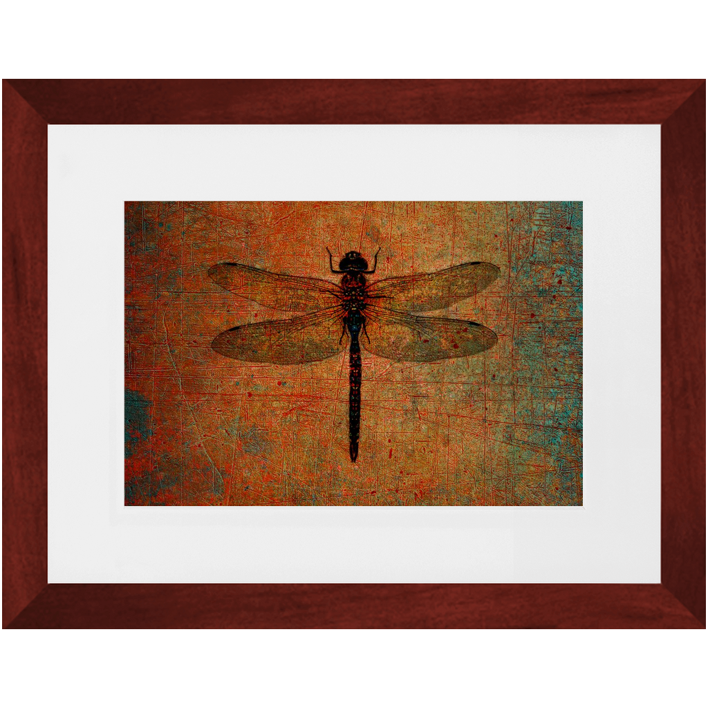 Dragonfly on Distressed Brown Background Framed in a Rectangle Cherry Color Wood Frame 8x12