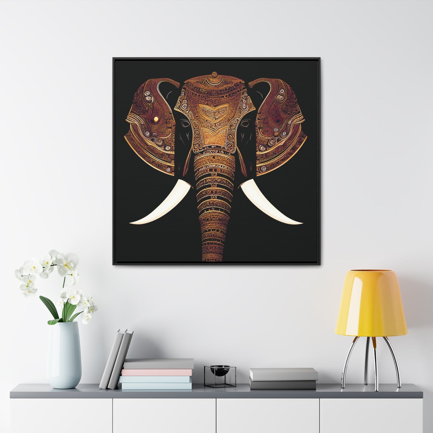 Indian Elephant Head With Parade Colors on Black Background Print on Canvas in a Floating Frame 36x36
