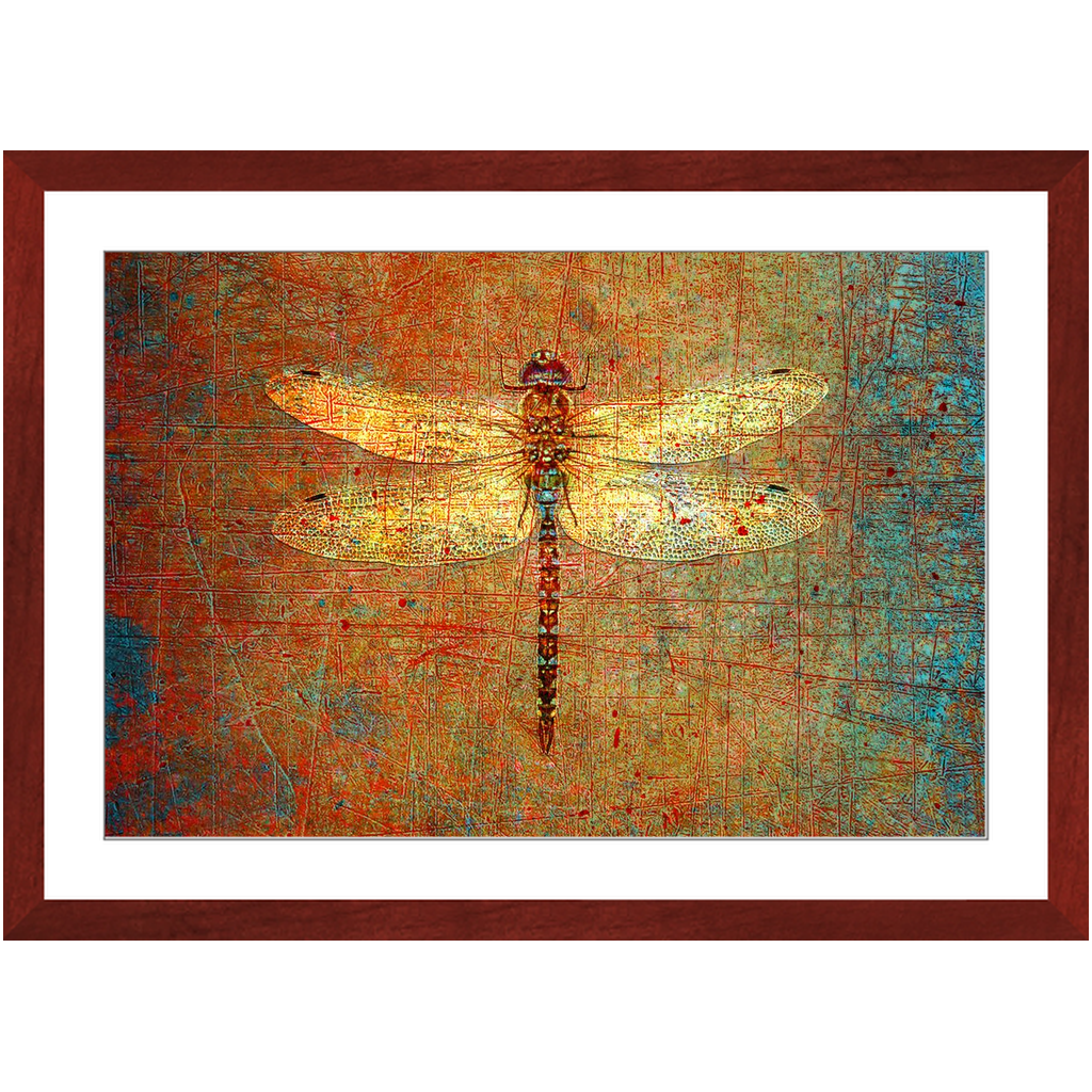 Golden Dragonfly on Distressed Brown Background Framed in a Rectangle Cherry Color Wood Frame 30x20
