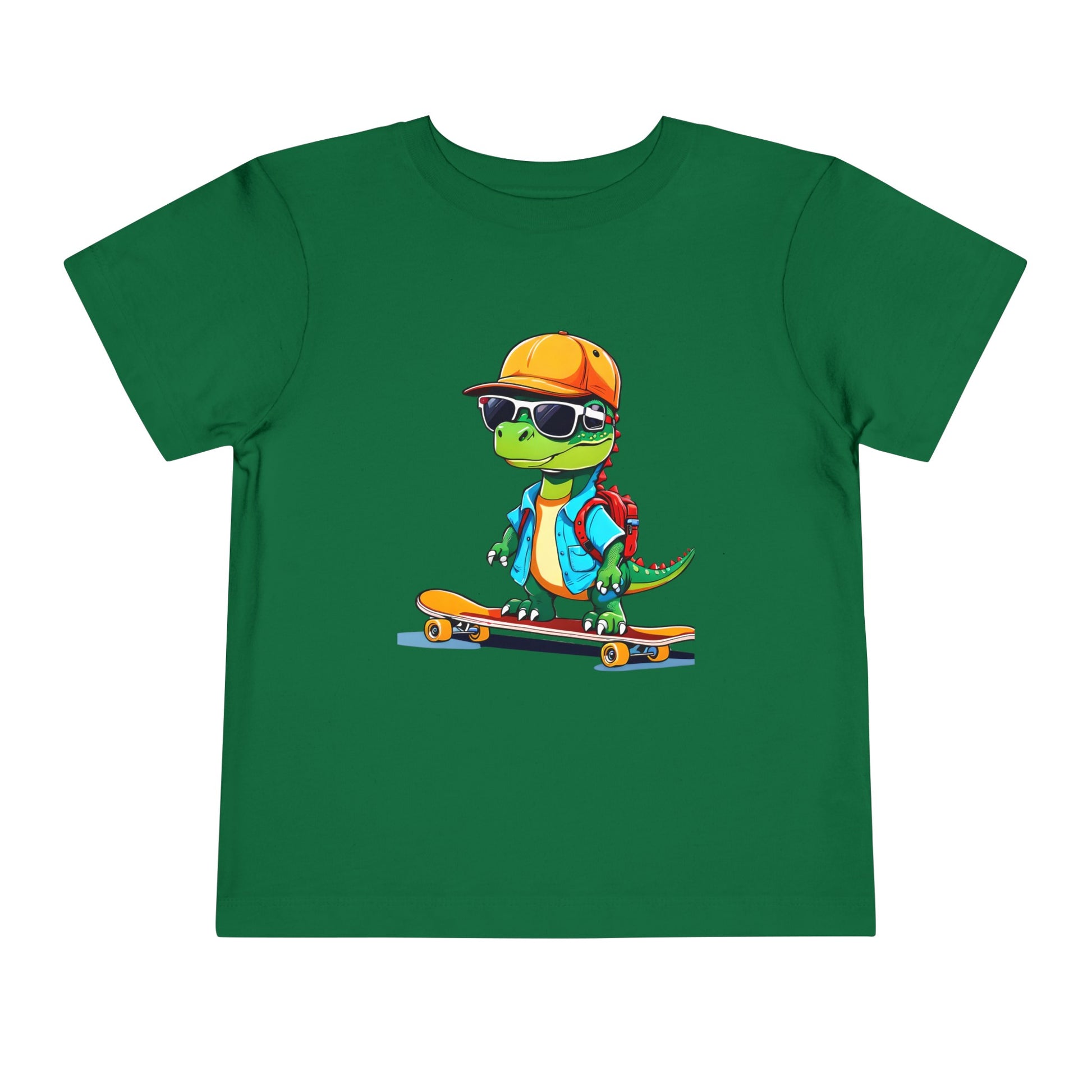 Dino Boy on Skate Board Too Cool For School Toddler Short Sleeve Tee Green