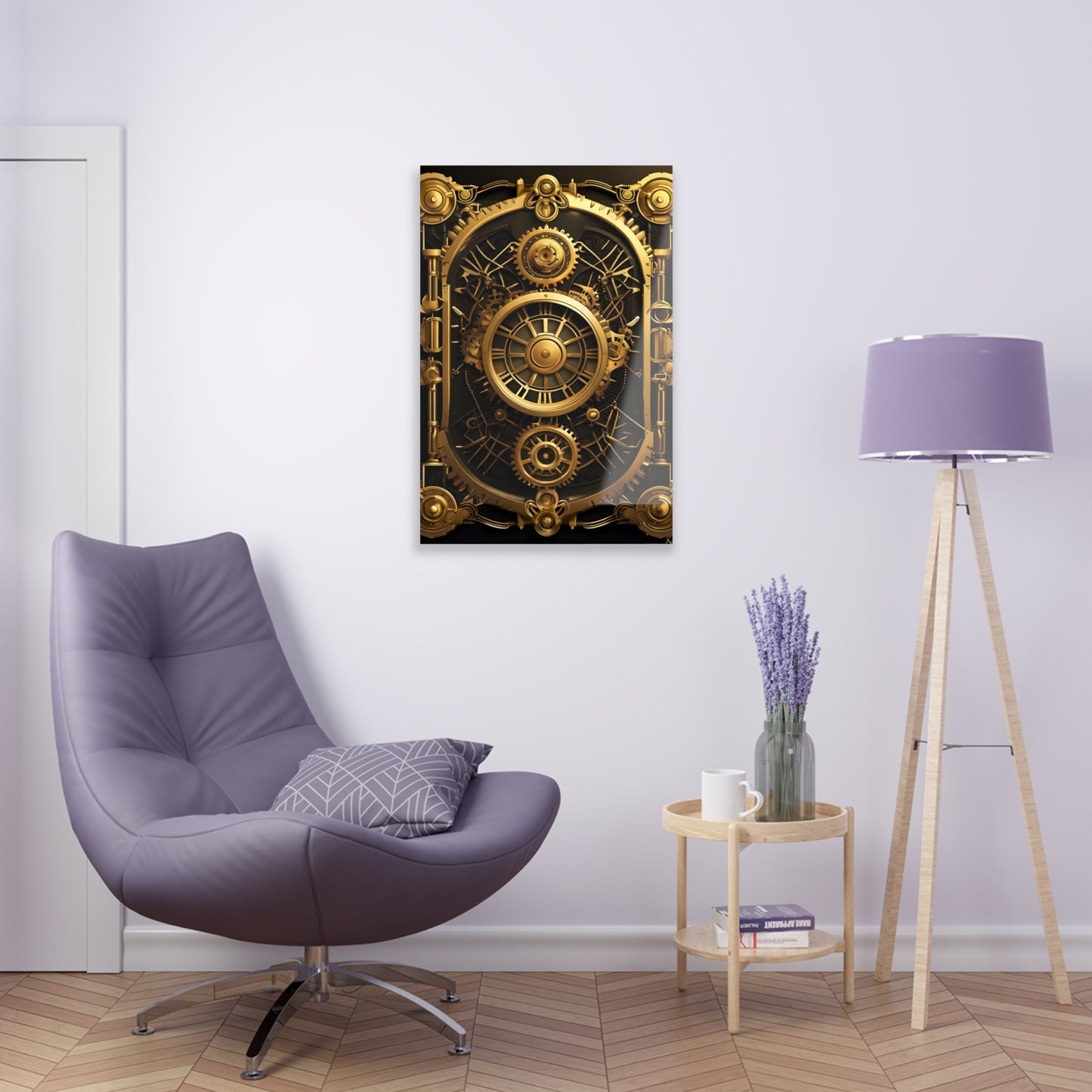 Art Deco themed steampunk gold and copper gears panel style printed on an acrylic panel 20x30 hung