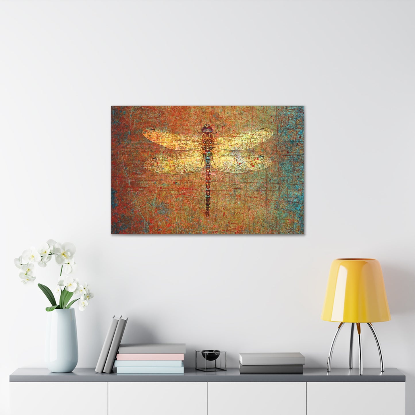 Golden Dragonfly on Distressed Orange and Green Background Print on Unframed Stretched Canvas 36x24