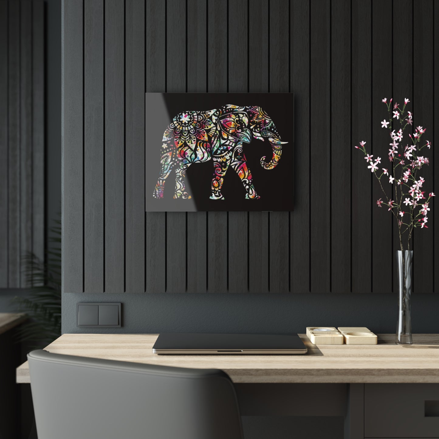 Elephant Themed Wall Art - Multicolor Indian Elephant on Black Background Printed on a Crystal Clear Acrylic Panel 20x16 hung on dark wall