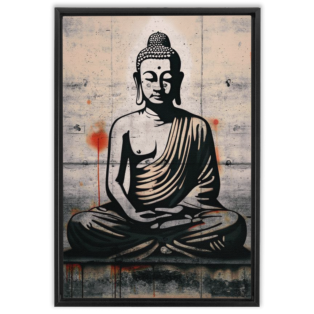 Grafitti Street Art in the Style of Banksy - Sitting Buddha on Distressed Concrete Slab Print on Canvas in a Floating Frame 24x36