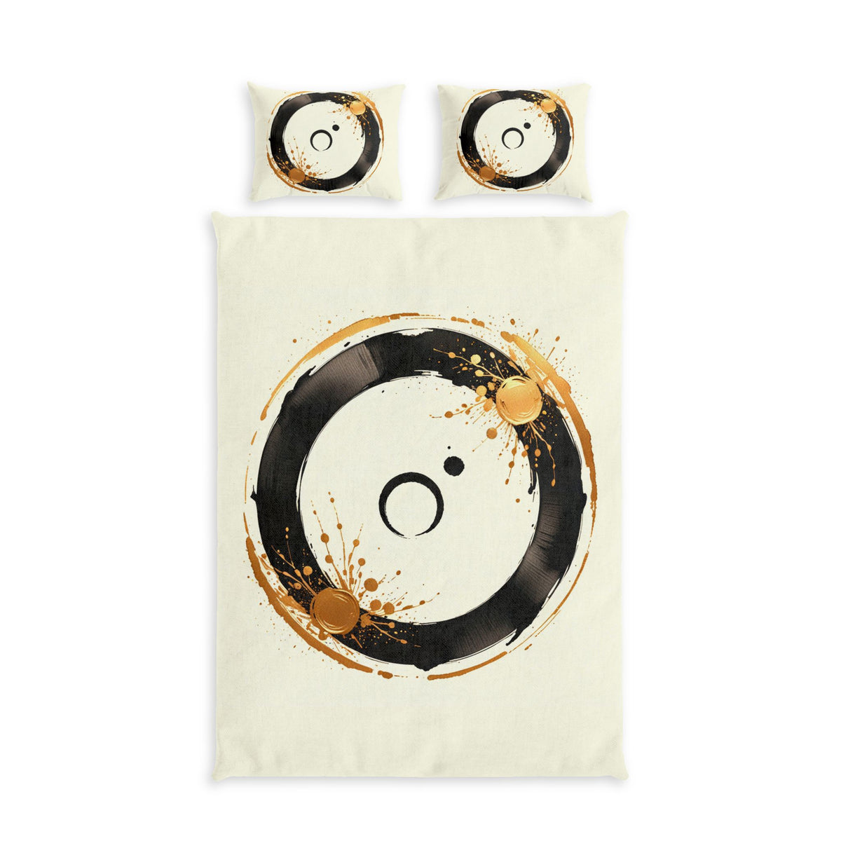 Abstract Zen Circle Cotton Bed Set — Minimalistic Black & Gold Duvet Cover