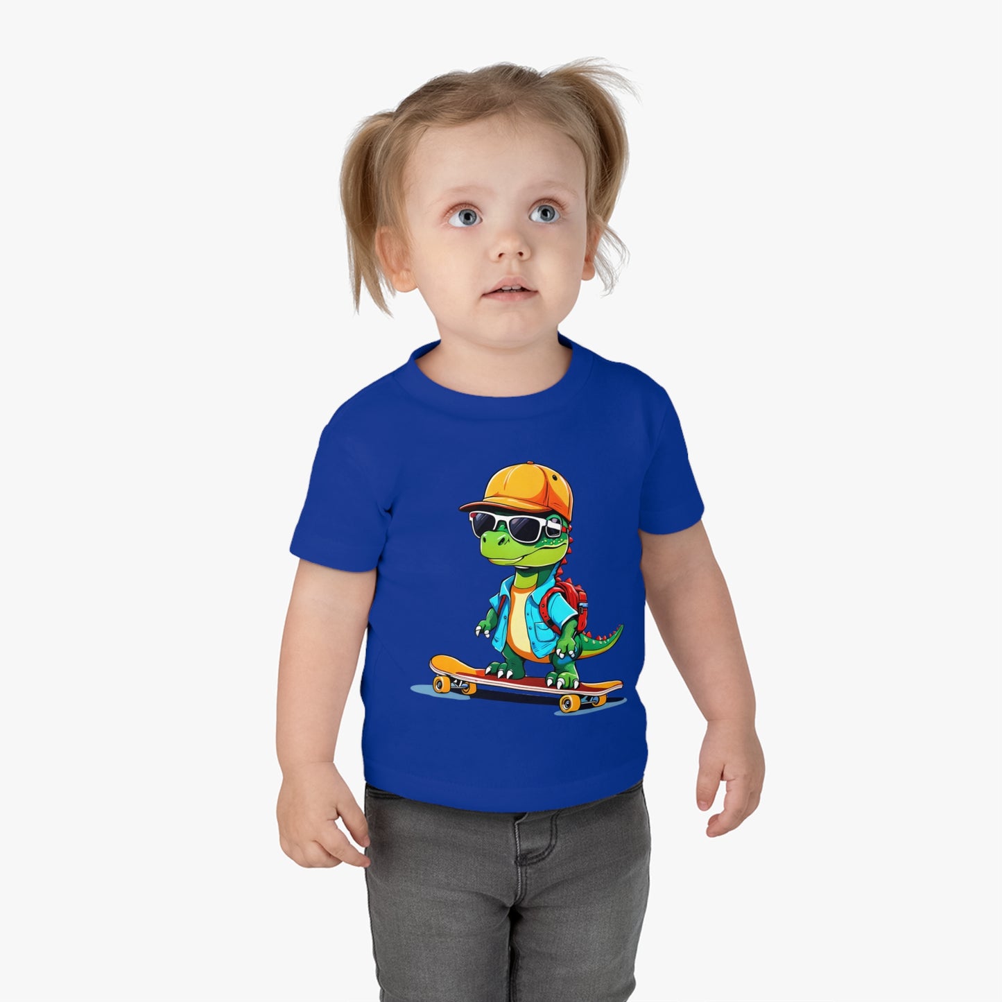 Dino Boy on Skate Board, Too Cool For School Infant Cotton Jersey Tee Royal Blue on Girl