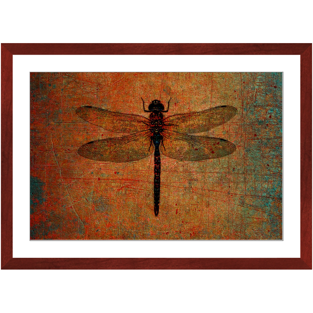 Dragonfly on Distressed Brown Background Framed in a Rectangle Cherry Color Wood Frame 20x30