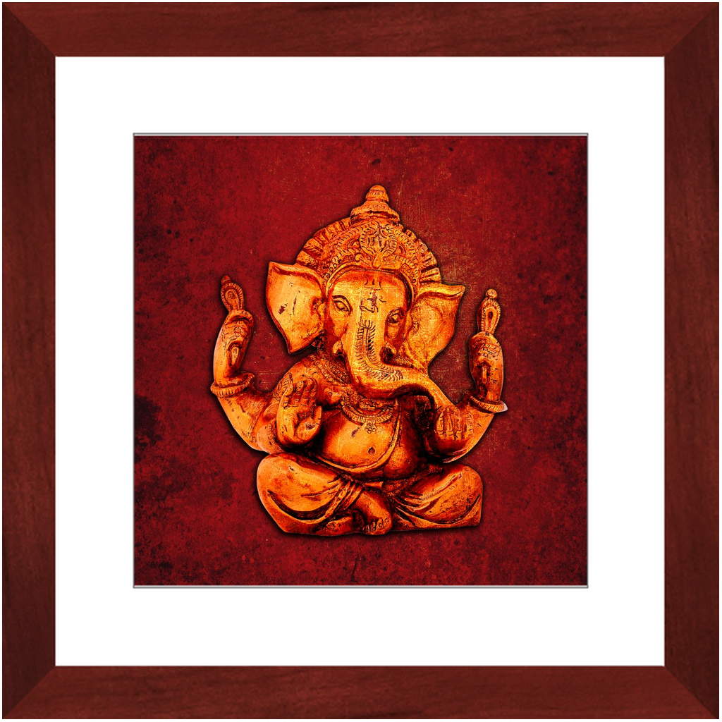 Ganesha on a Lava Red Background Print in Cherry Color Wood Frame 12x12