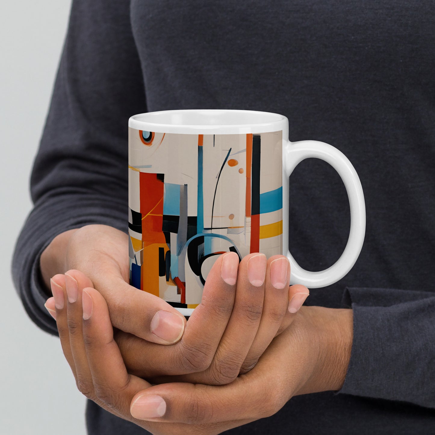 Abstract Art on a Mug Multicolor Explosion Print on a Coffee Cup 11oz on hand