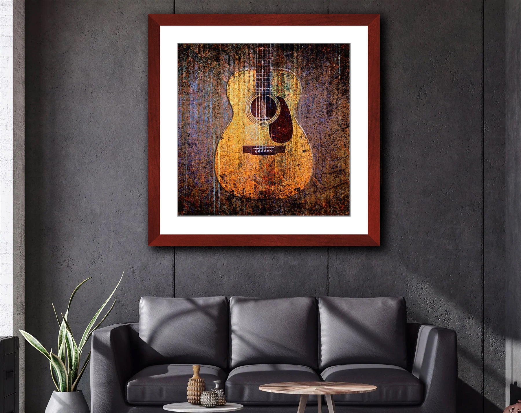 Acoustic Guitar Print on Archival Paper in Cherry Color Wood Frame hung
