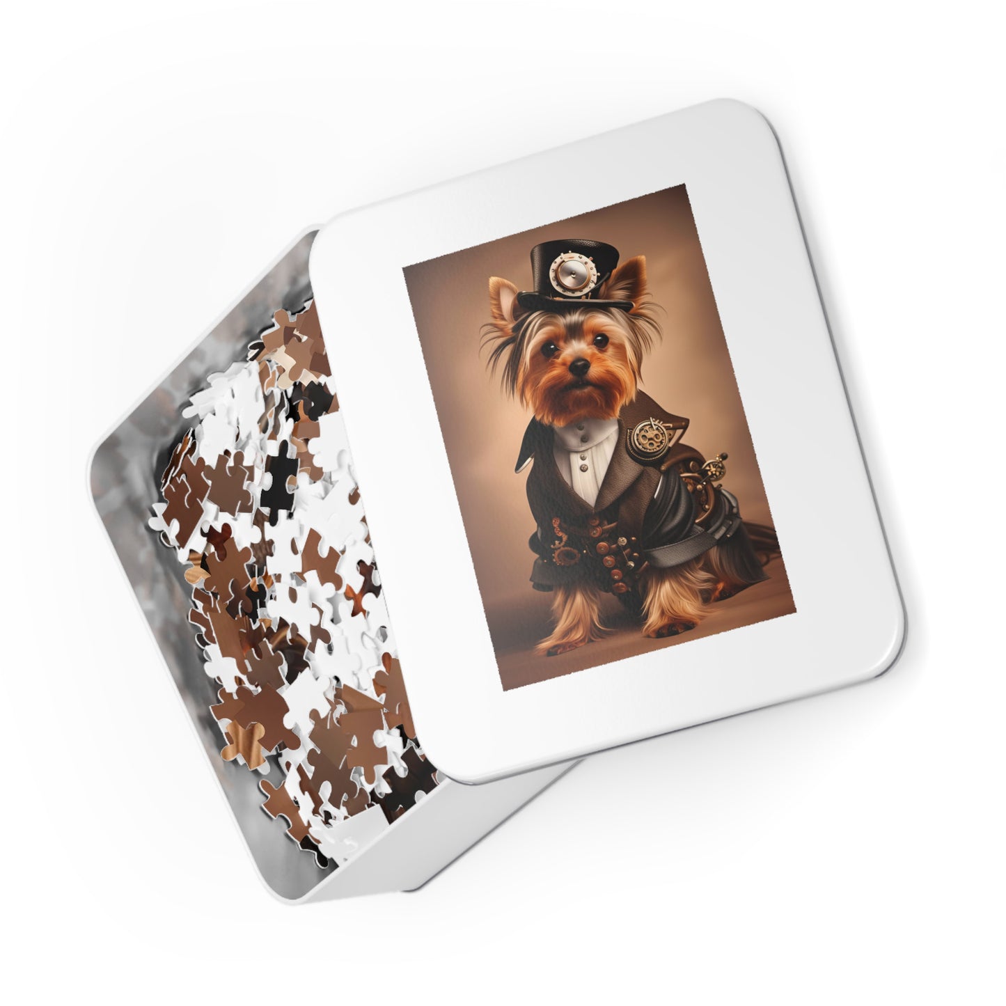 Adorable and Elegant Yorkie in Steampunk Clothing 1000 Pieces Puzzle in tin packaging