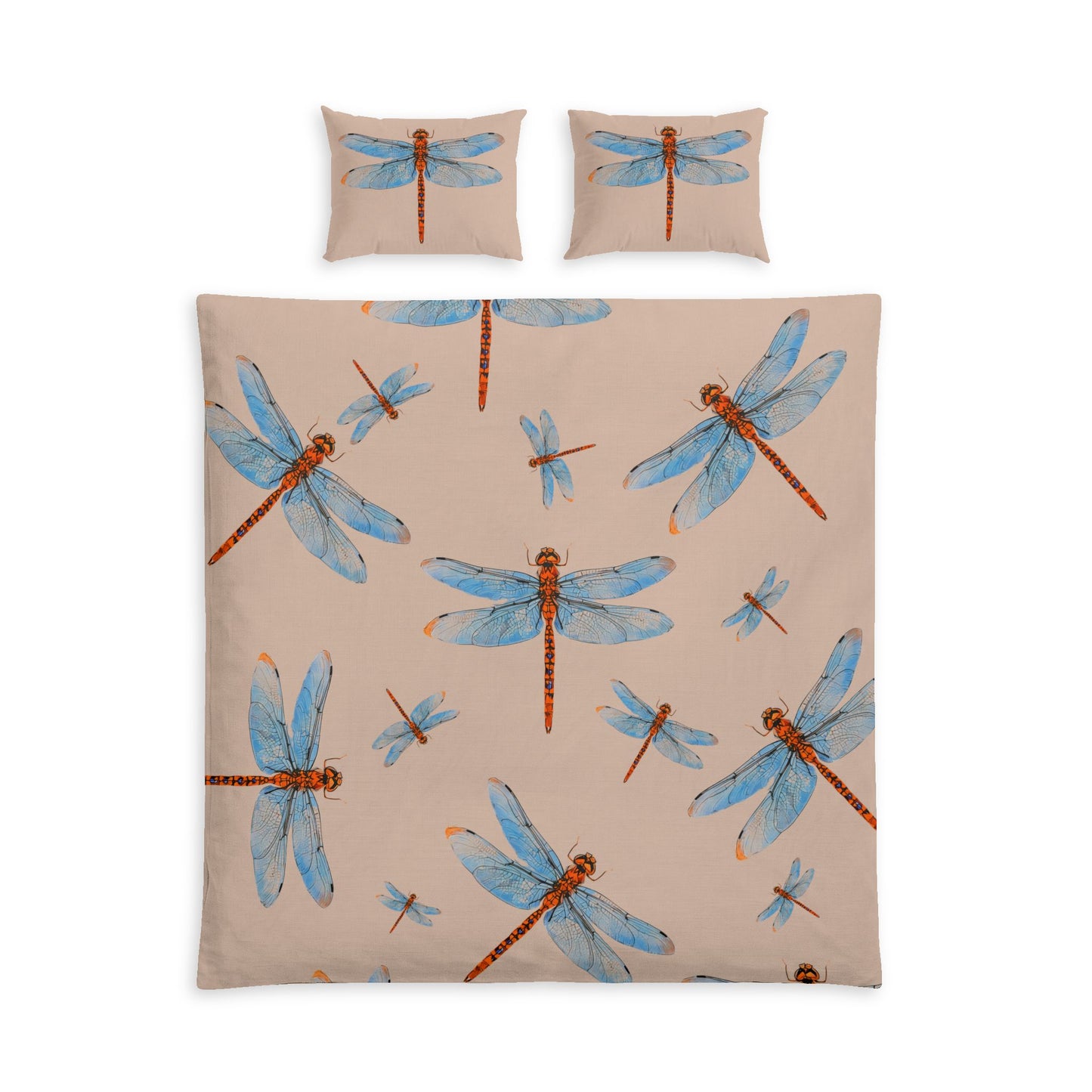 A bedding set featuring a duvet cover and two matching pillowcases with a repeating dragonfly pattern on a warm beige background. The dragonflies have blue wings and reddish-brown bodies.