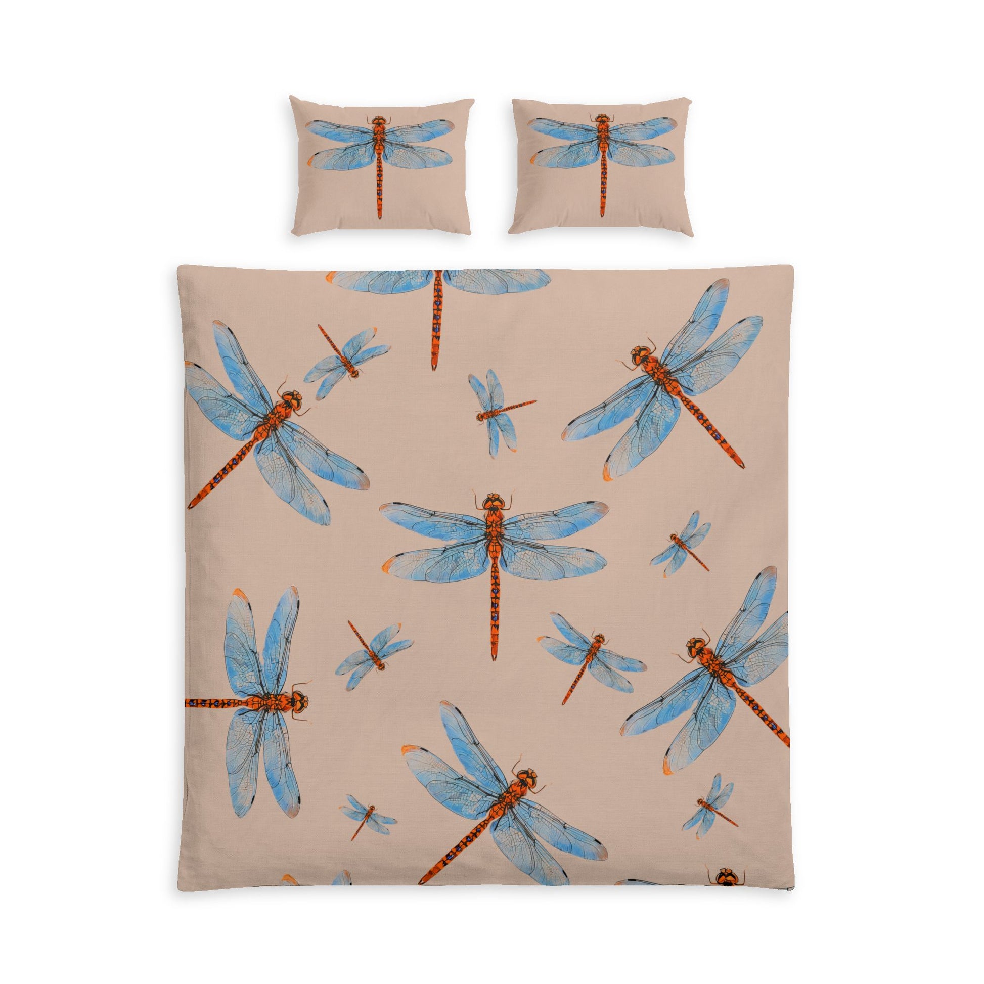 A bedding set featuring a duvet cover and two matching pillowcases with a repeating dragonfly pattern on a warm beige background. The dragonflies have blue wings and reddish-brown bodies.