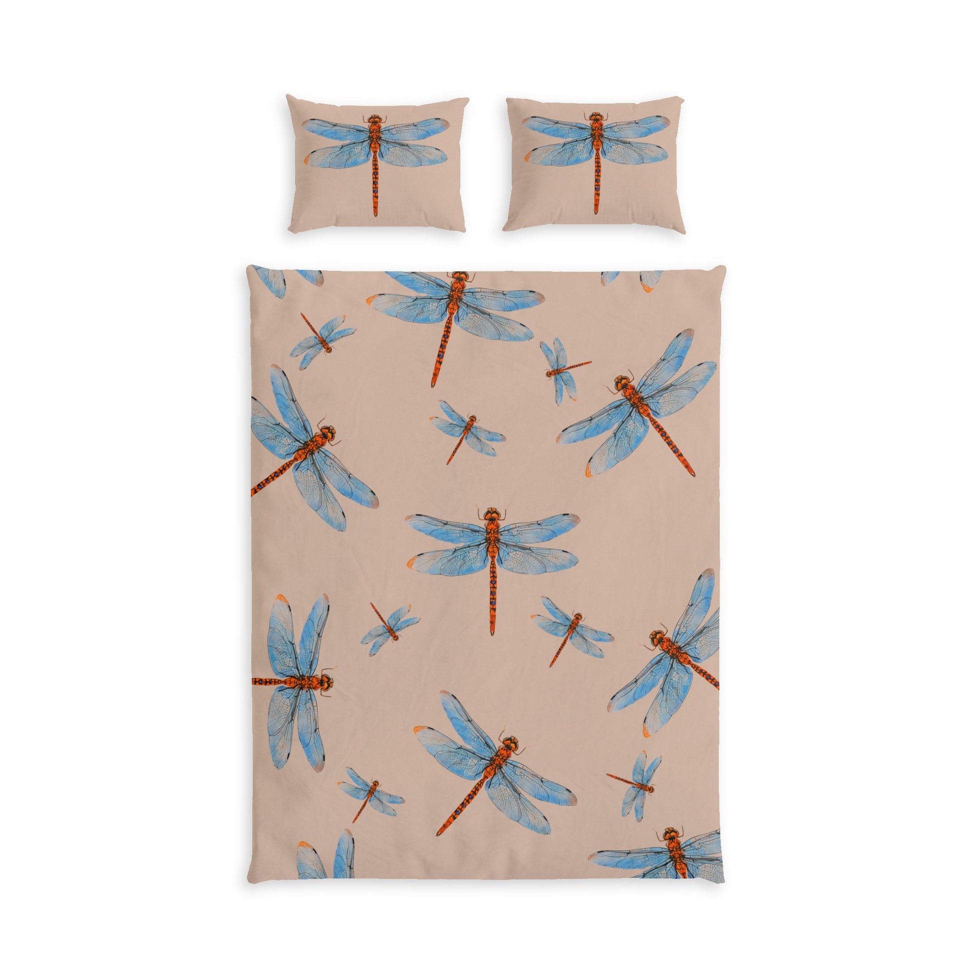 A bedding set featuring a duvet cover and two pillowcases, all printed with a pattern of blue dragonflies on a warm beige background.