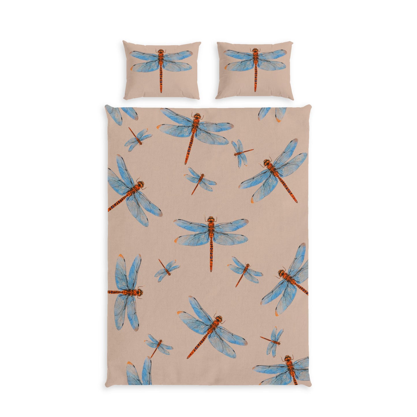 A bedding set featuring a duvet cover and two pillowcases with a repeating dragonfly pattern. The background is a warm beige, and the dragonflies are illustrated in light blue with reddish-brown bodies.