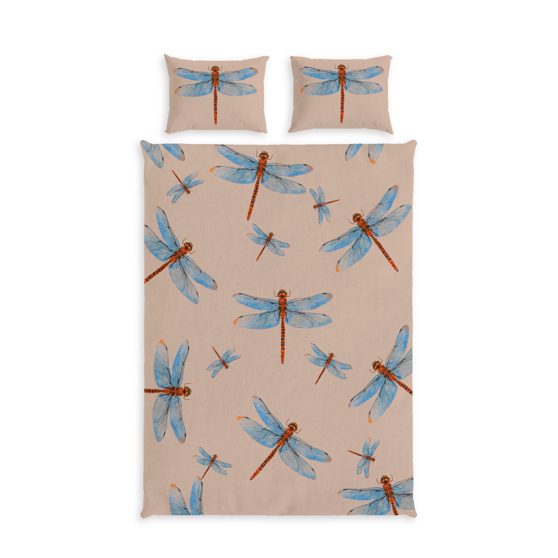 A bedding set featuring a duvet cover and two pillowcases with a repeating dragonfly pattern. The background is a warm beige, and the dragonflies are illustrated in light blue with reddish-brown bodies.