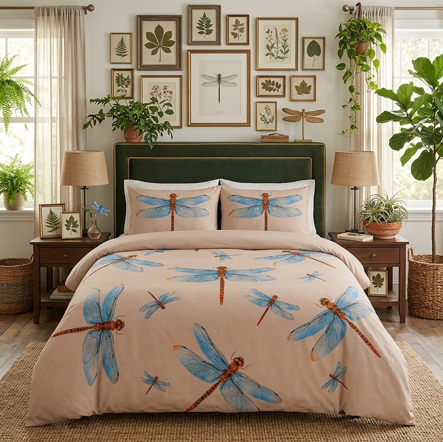 A neatly made bed in a styled bedroom setting, featuring a beige duvet cover and matching pillowcases printed with large blue dragonflies and smaller orange-brown accents. The bed has a dark green headboard, flanked by wooden nightstands with lit lamps, plants, and framed botanical wall art.