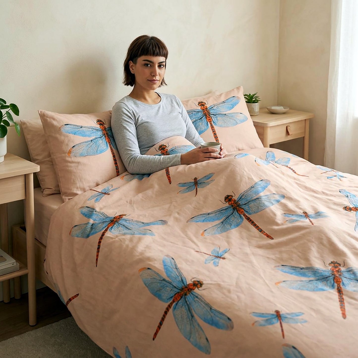 A woman sits in bed under a light pink duvet printed with large blue dragonflies, surrounded by matching pink pillows in a softly lit bedroom.