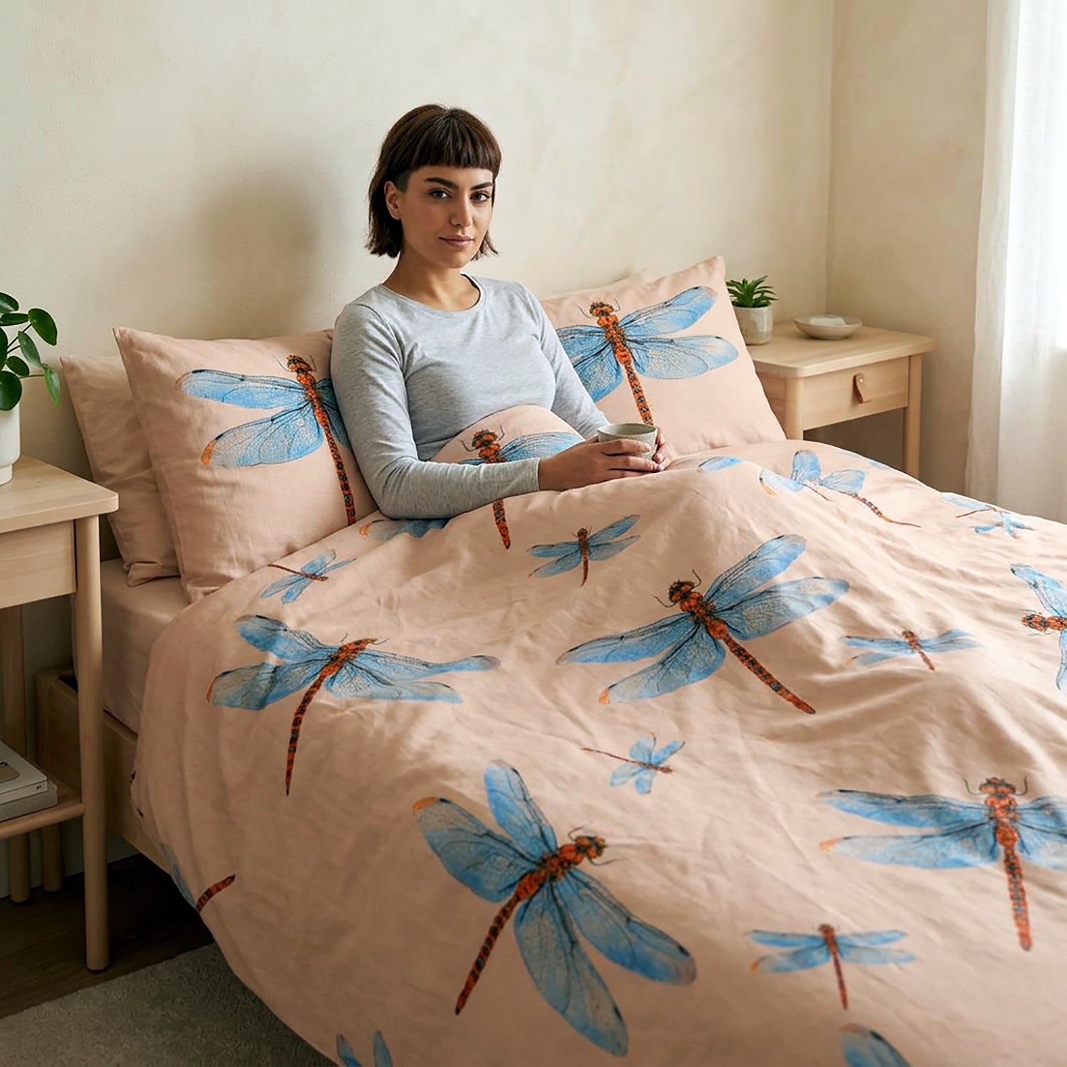 A woman sits in bed under a light pink duvet printed with large blue dragonflies, surrounded by matching pink pillows in a softly lit bedroom.