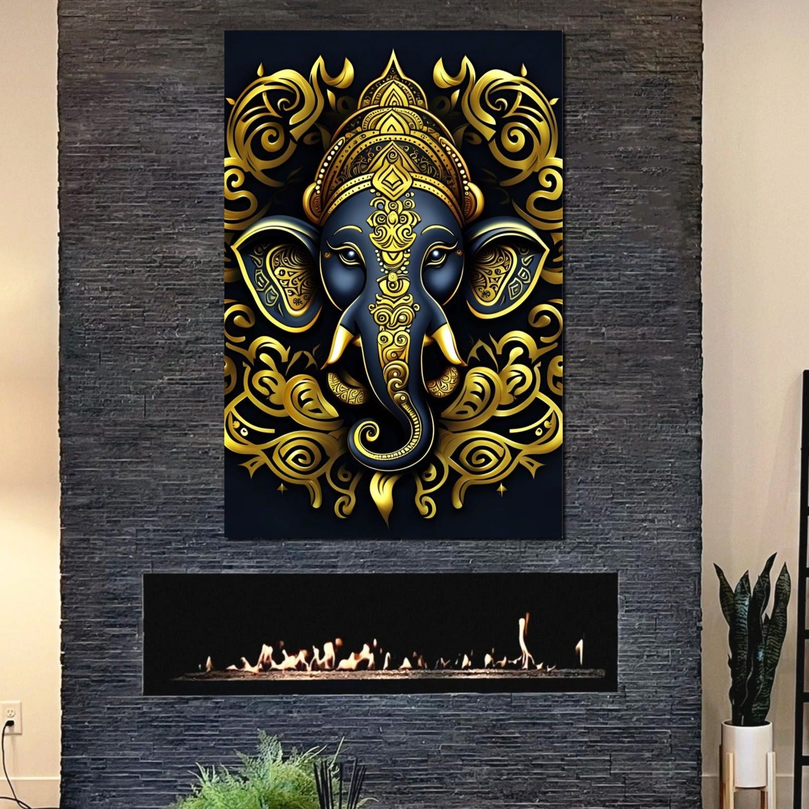Blue and Gold Ganesha Head Tribal Style Printed on Eco-Friendly Recycled Aluminum hung on fire place