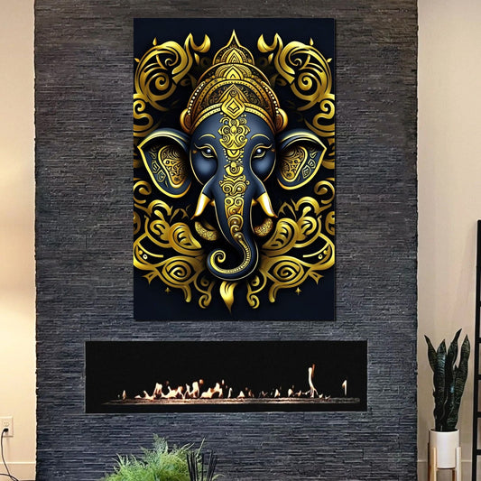 Blue and Gold Ganesha Head Tribal Style Printed on Eco-Friendly Recycled Aluminum hung on fire place