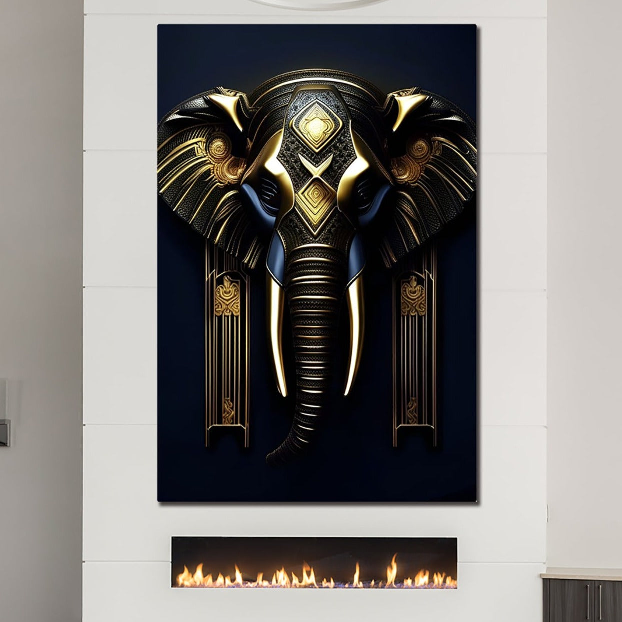 Blue and Gold Elephant Head Art Deco Style Printed on Eco-Friendly Recycled Aluminum hung above fireplace
