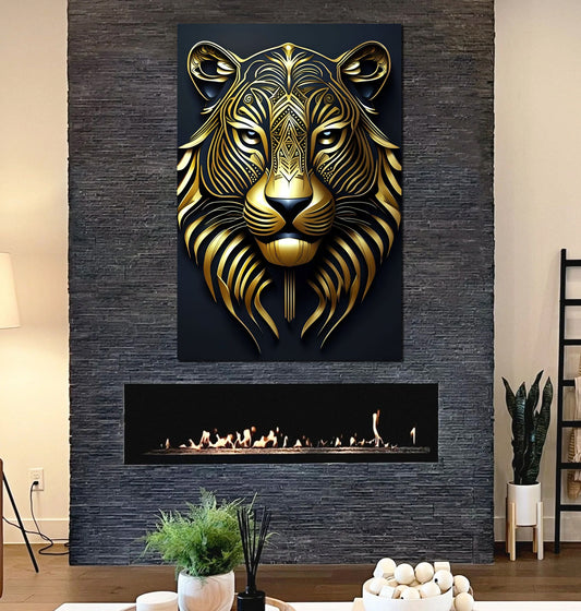 Blue and Gold Tribal Tiger Head Art Deco Style Printed on Eco-Friendly Recycled Aluminum hung above fire place
