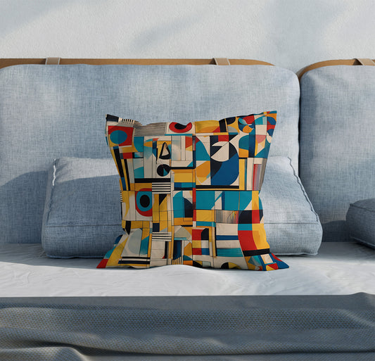 Bold Mid Century Modern Art Print on Square Pillow on blue sofa