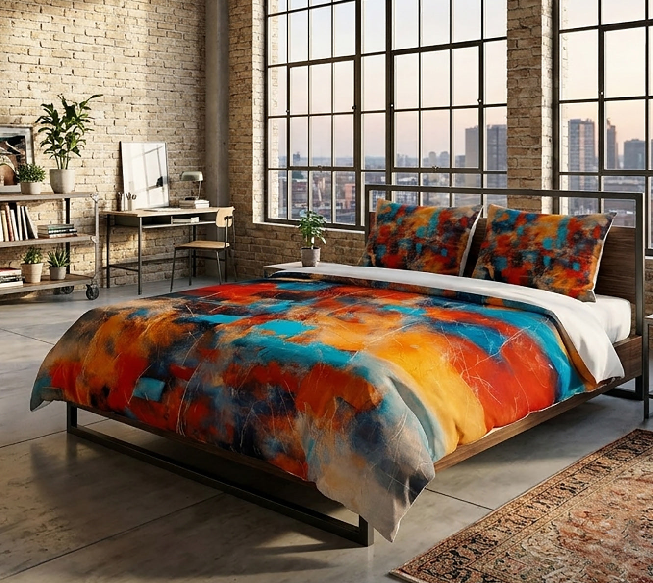 A bed dressed in a colorful abstract print comforter and matching pillow shams, styled in a loft-style bedroom with large industrial windows, brick walls, and a city skyline view.