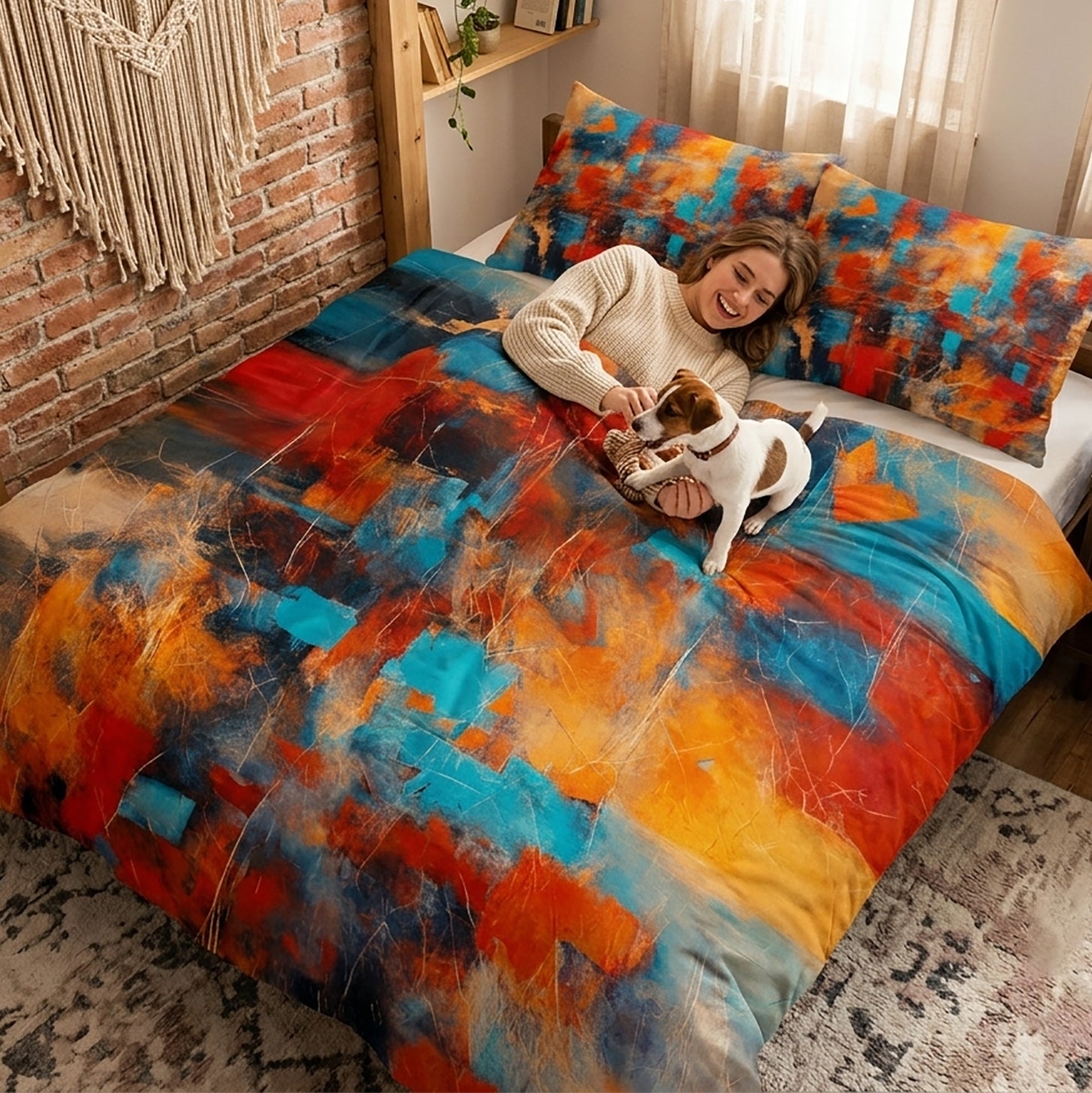 A colorful abstract-print bedding set with a duvet cover and matching pillowcases on a bed, styled in a cozy bedroom with a woman and a small dog lying on the bed.