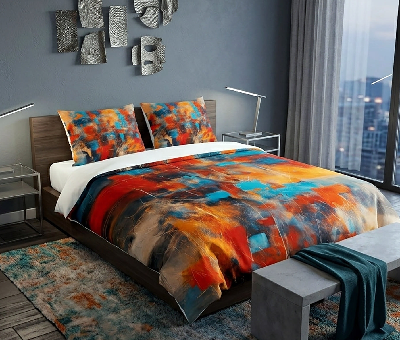 A bed dressed in a colorful abstract print duvet cover and matching pillowcases, styled in a modern bedroom with gray walls, side tables, lamps, and a city view window.