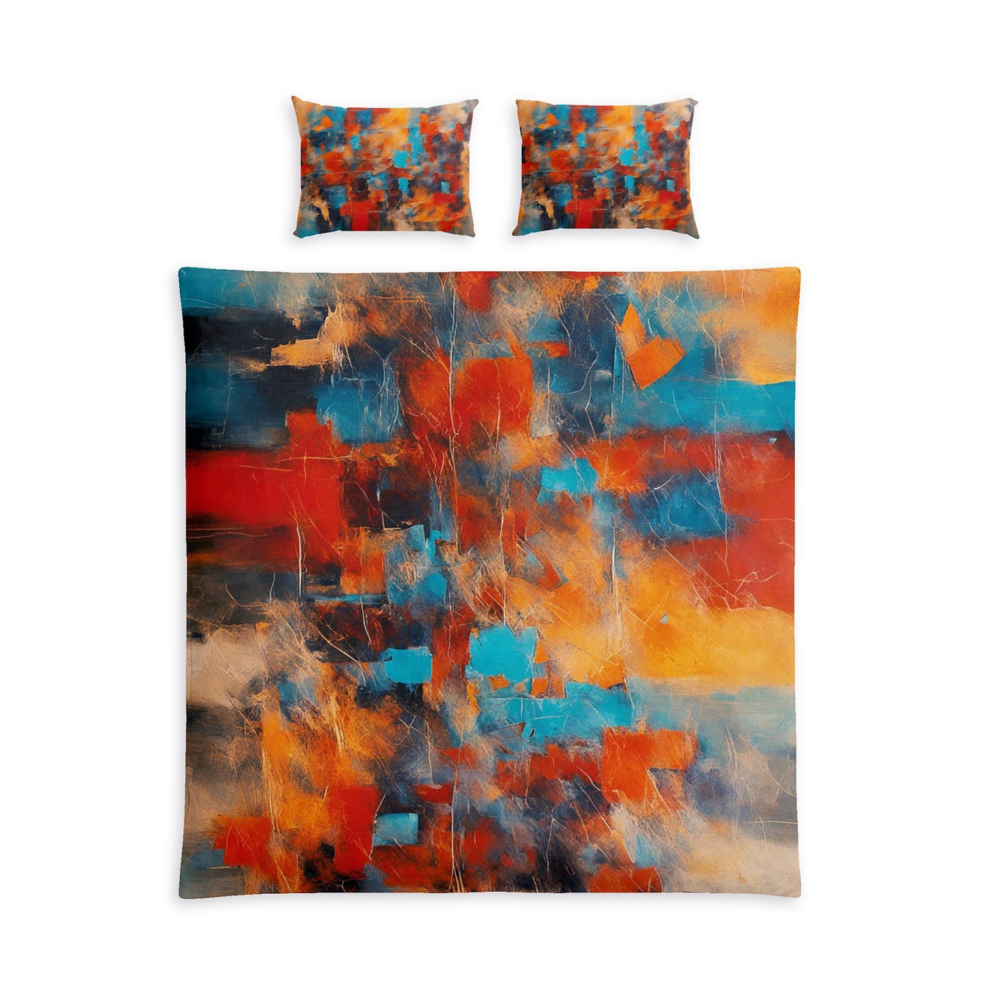 An abstract art print bedding set featuring a duvet cover and two matching pillowcases with a vibrant, multicolored abstract design in orange, blue, red, and yellow tones on a plain white background.