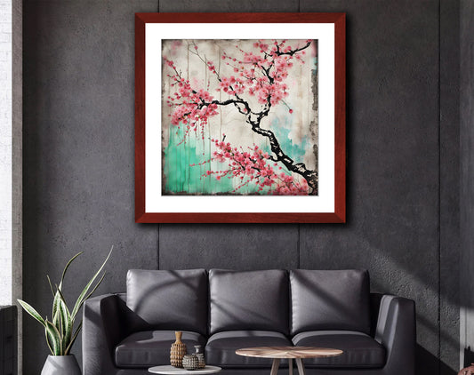 Cherry Blossoms Street Art Style Print on Archival Paper in Cherry Color Wood Frame hung