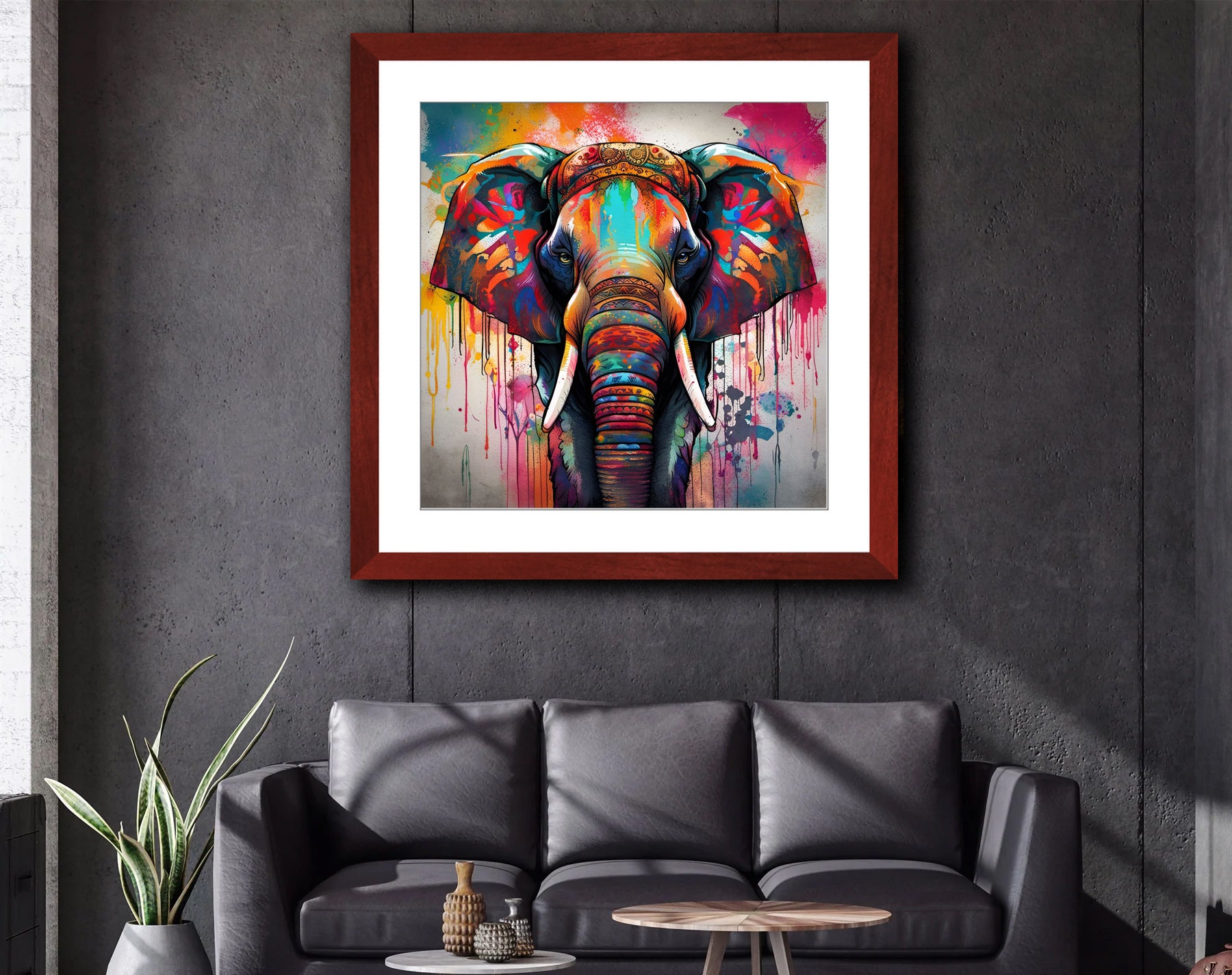 Colorful Dripping Paint Elephant Print on Archival Paper in Cherry Color Wood Frame 3 sizes available