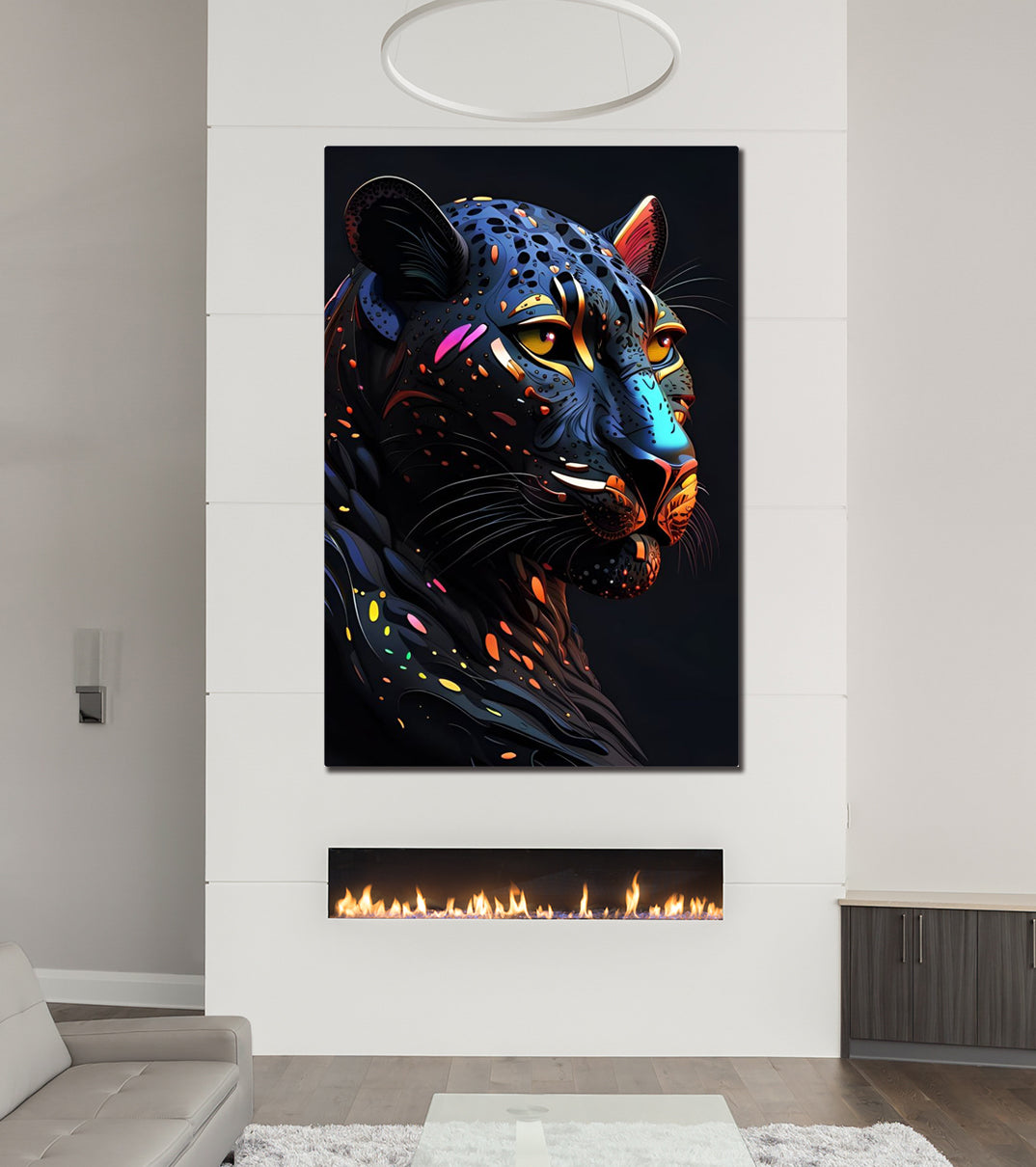 Colorful Futuristic Panther Head Printed on Eco-Friendly Recycled Aluminum hung above fireplace