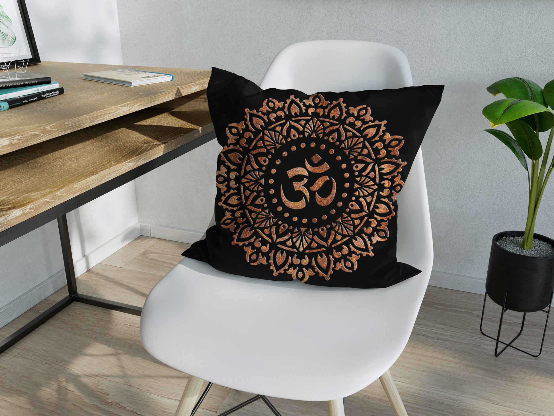 Double Sided Copper Color Elephant and Om Symbol Mandala style on Black Background 18x18