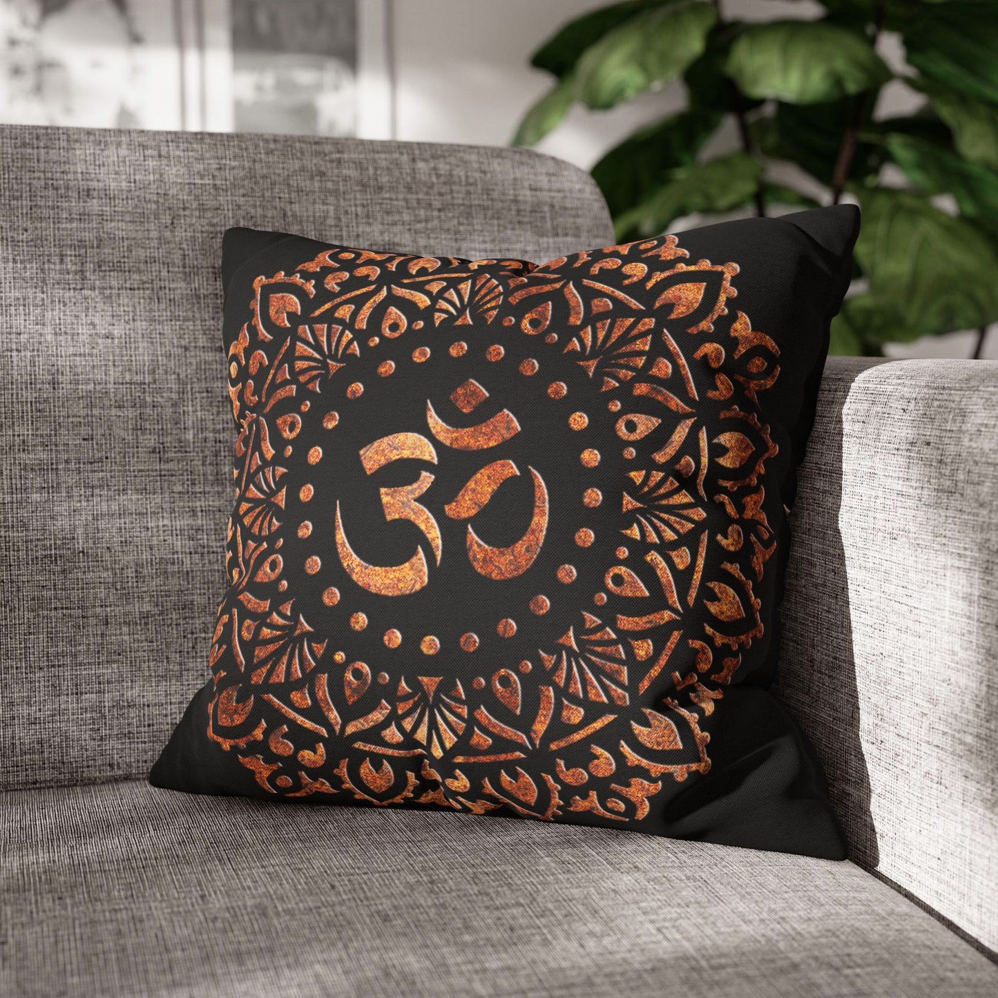 Double Sided Copper Color Elephant and Om Symbol Mandala style on Black Background 16x16