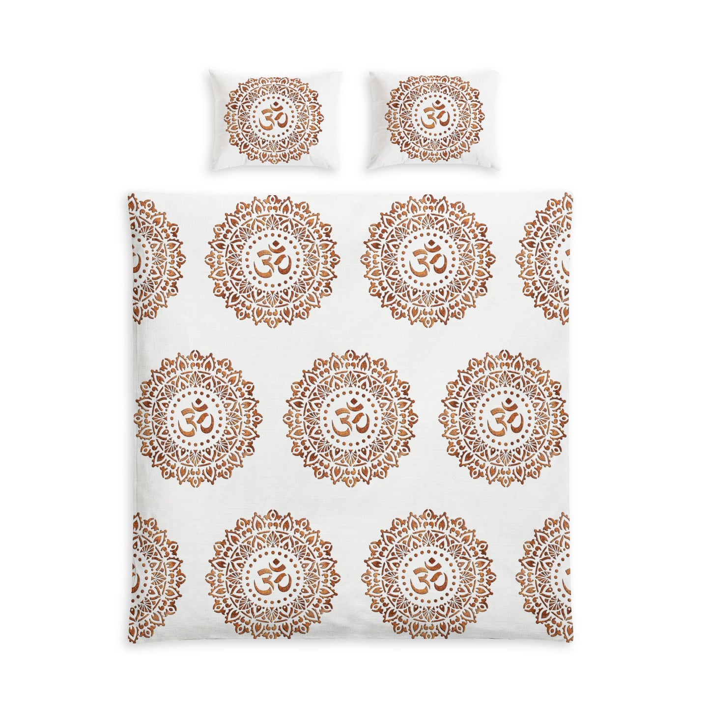 A bedding set featuring a duvet cover and two pillowcases with a repeating brown mandala pattern containing an Om symbol in the center, displayed on a clean white background.