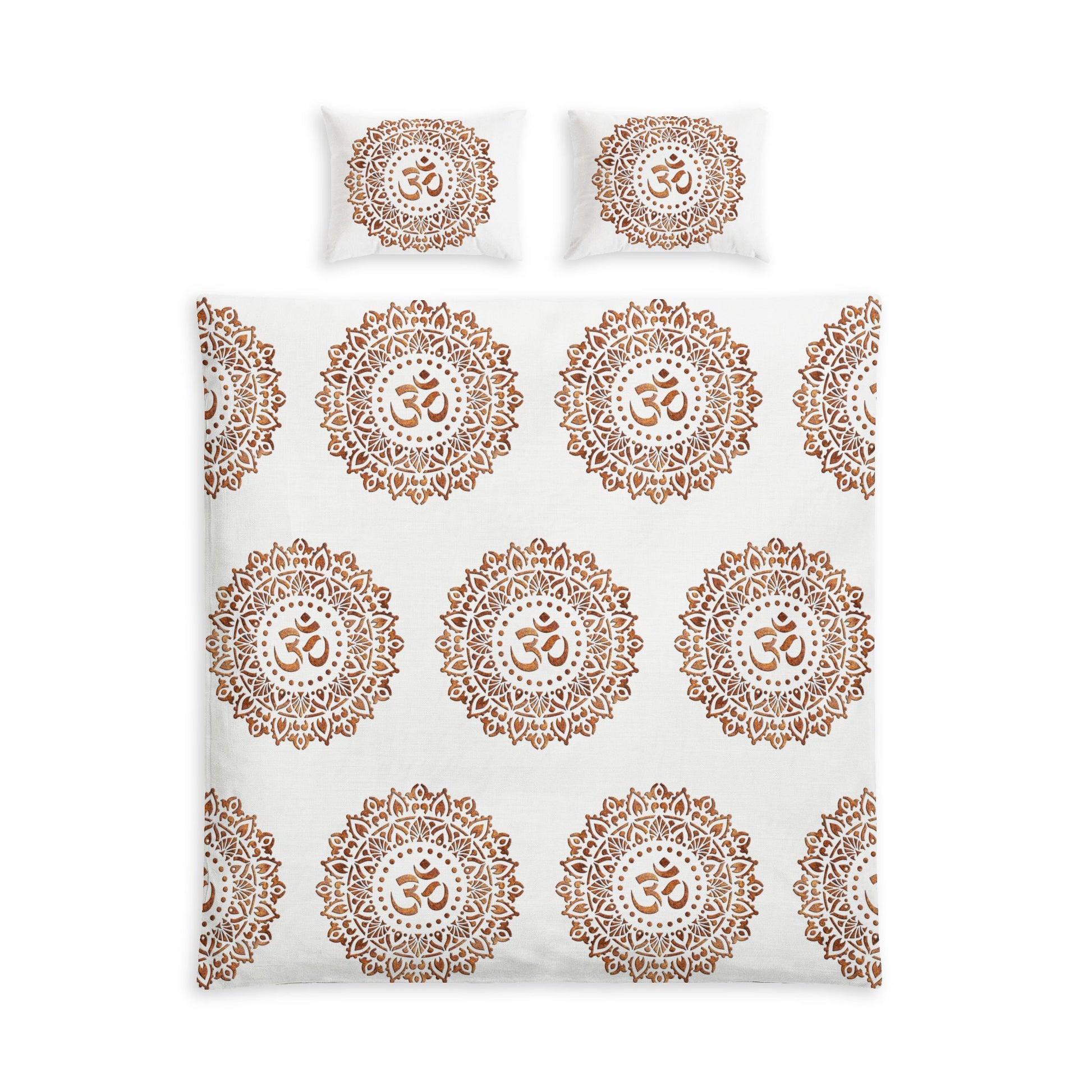 A bedding set featuring a duvet cover and two pillowcases with a repeating brown mandala pattern containing an Om symbol in the center, displayed on a clean white background.