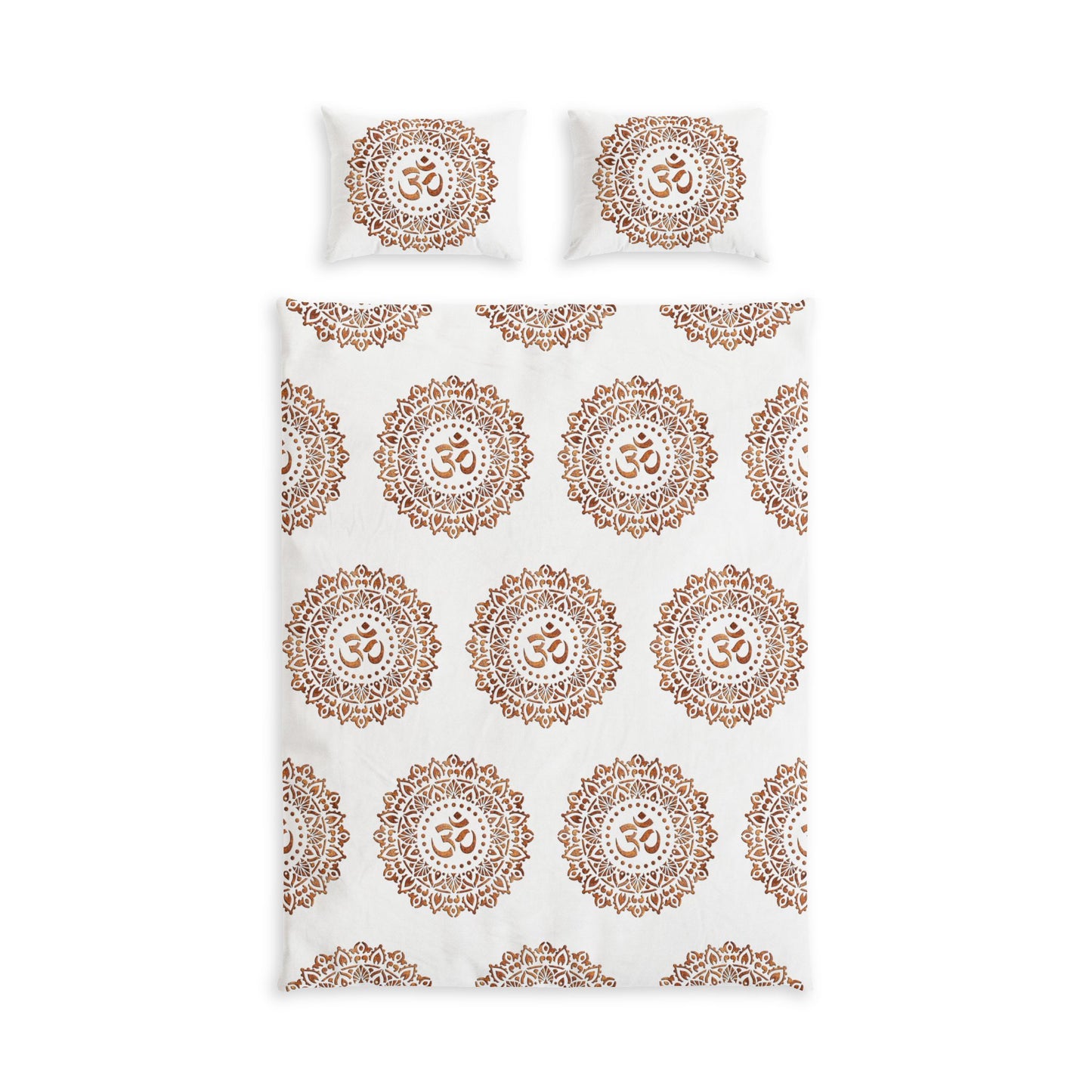A bedding set featuring a duvet cover and two pillowcases with a repeating brown mandala pattern and central Om symbol on a white background.