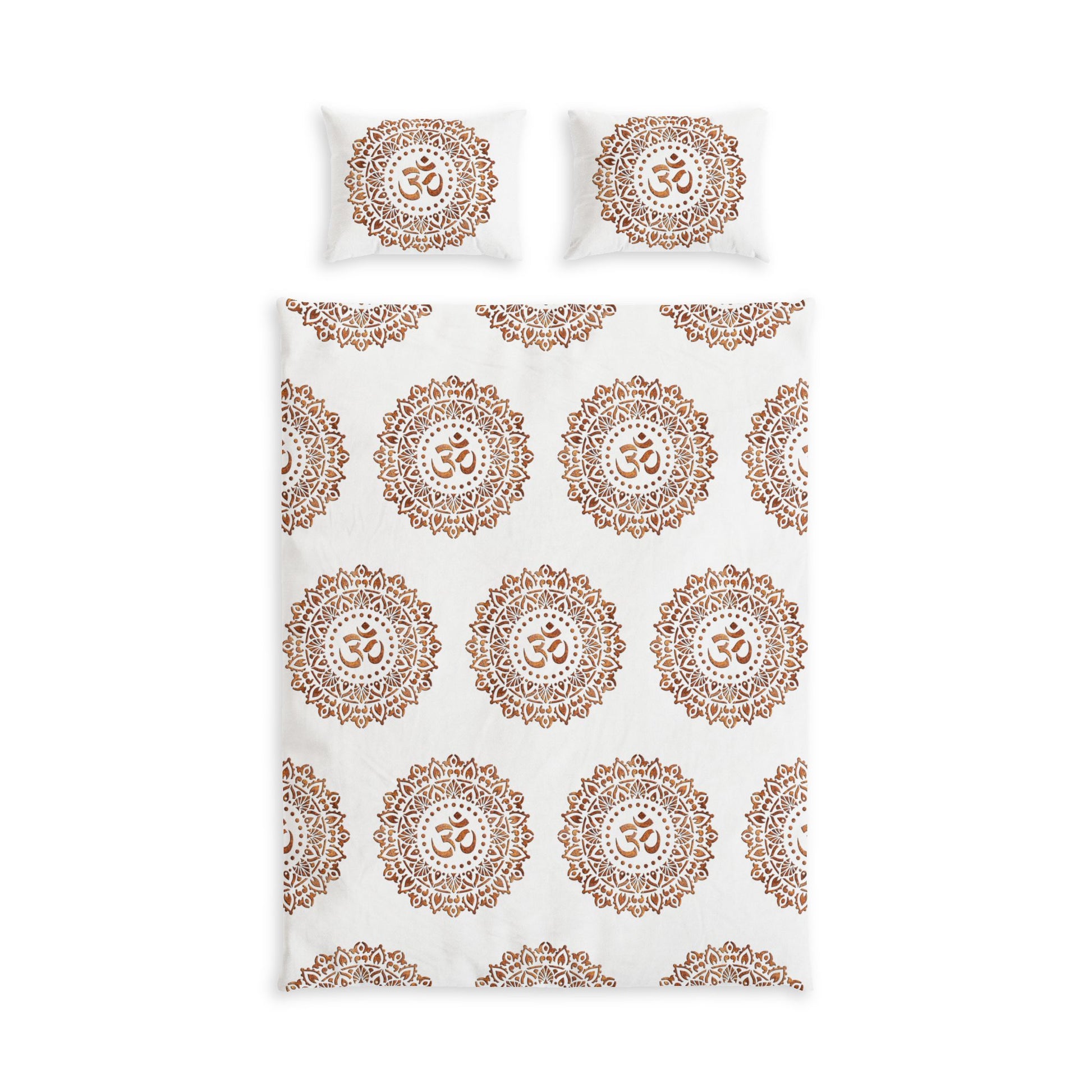 A bedding set featuring a duvet cover and two pillowcases with a repeating brown mandala pattern and central Om symbol on a white background.