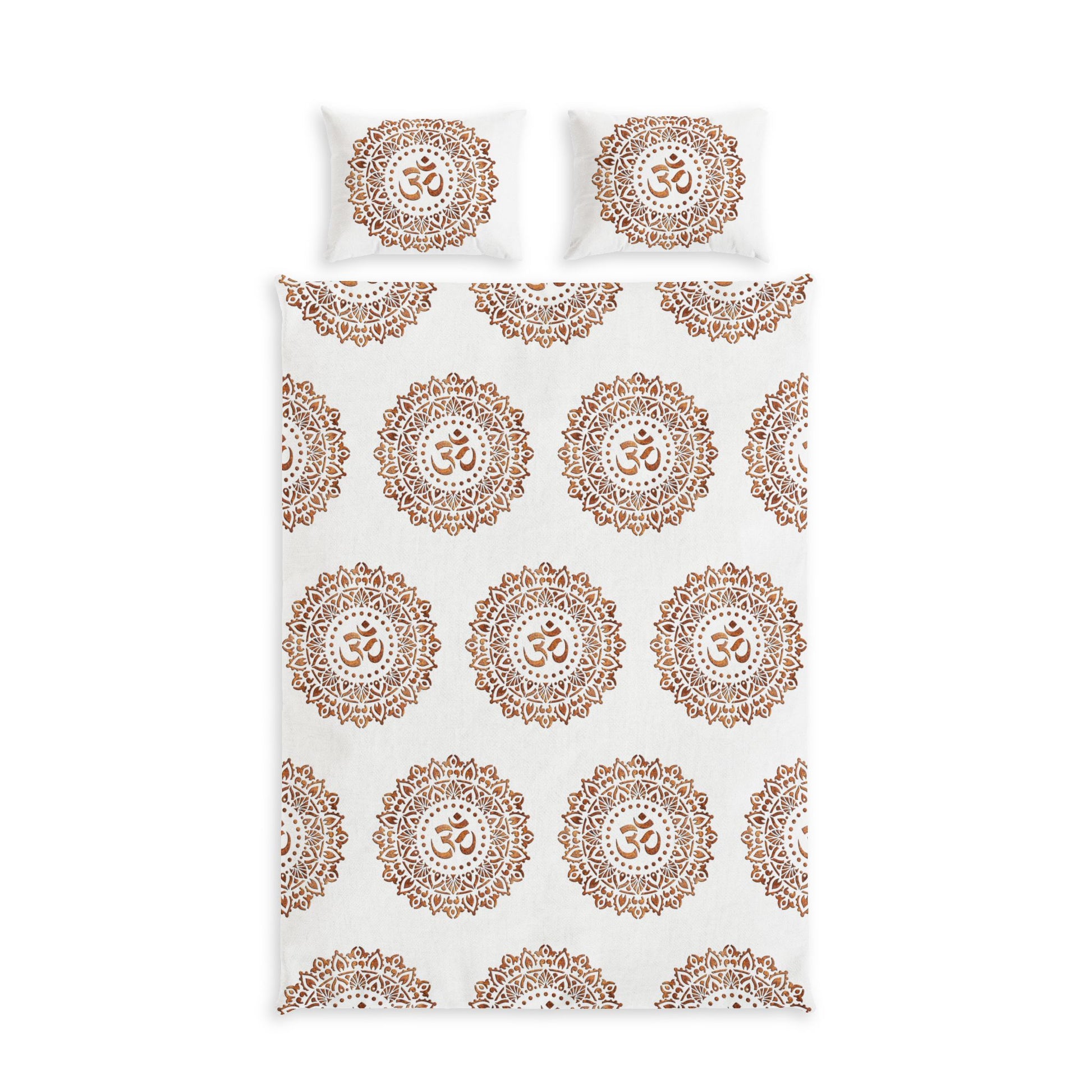 A bedding set featuring a duvet cover and two pillowcases with a repeating brown mandala pattern on a white background, each mandala centered with an Om symbol.