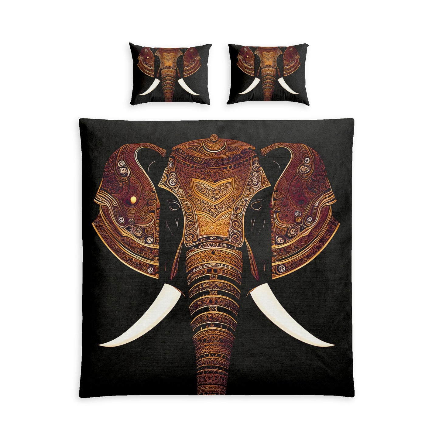 A bedding set featuring a large decorative elephant head print on the duvet cover and matching pillowcases, shown against a plain white background.